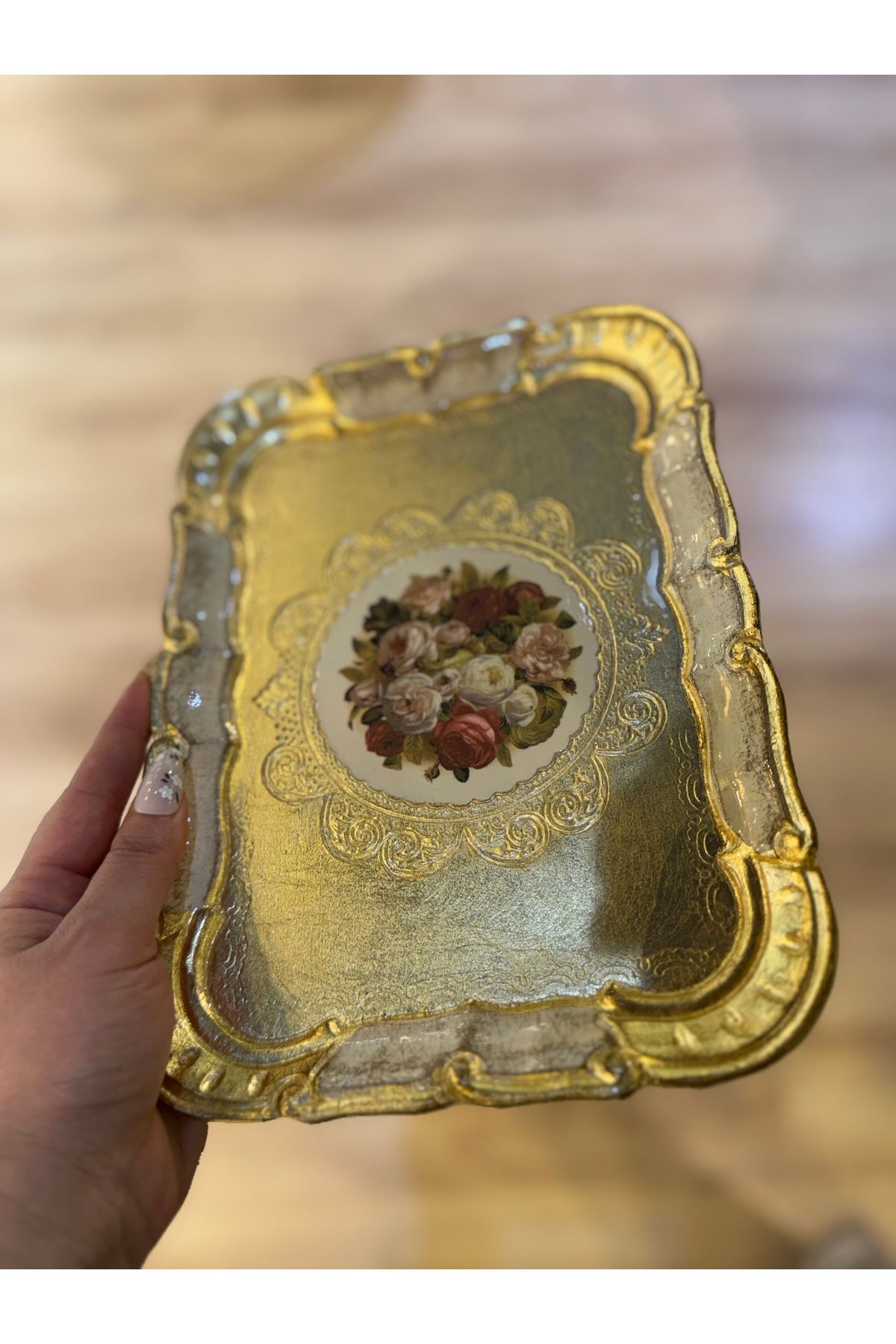 masi ESTERHOMEDECOR 6’lı Tek kişilik orijinal Gül ağacı çiçekli dikdörtgen sunum tepsisi krem 30cm Masi