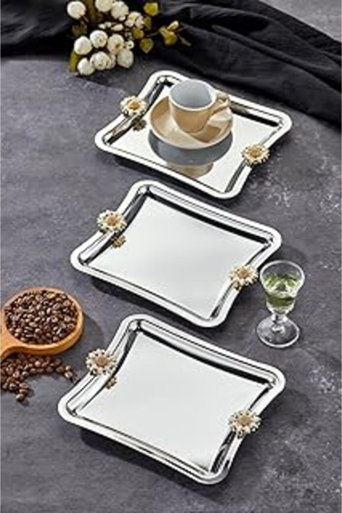 Mu Art Ahşap Mayaglory Elegante Square Serisi, Duo Bella Flora Kulp Desenli Krom Sunum Söz Nişan Tepsisi, 22X16C