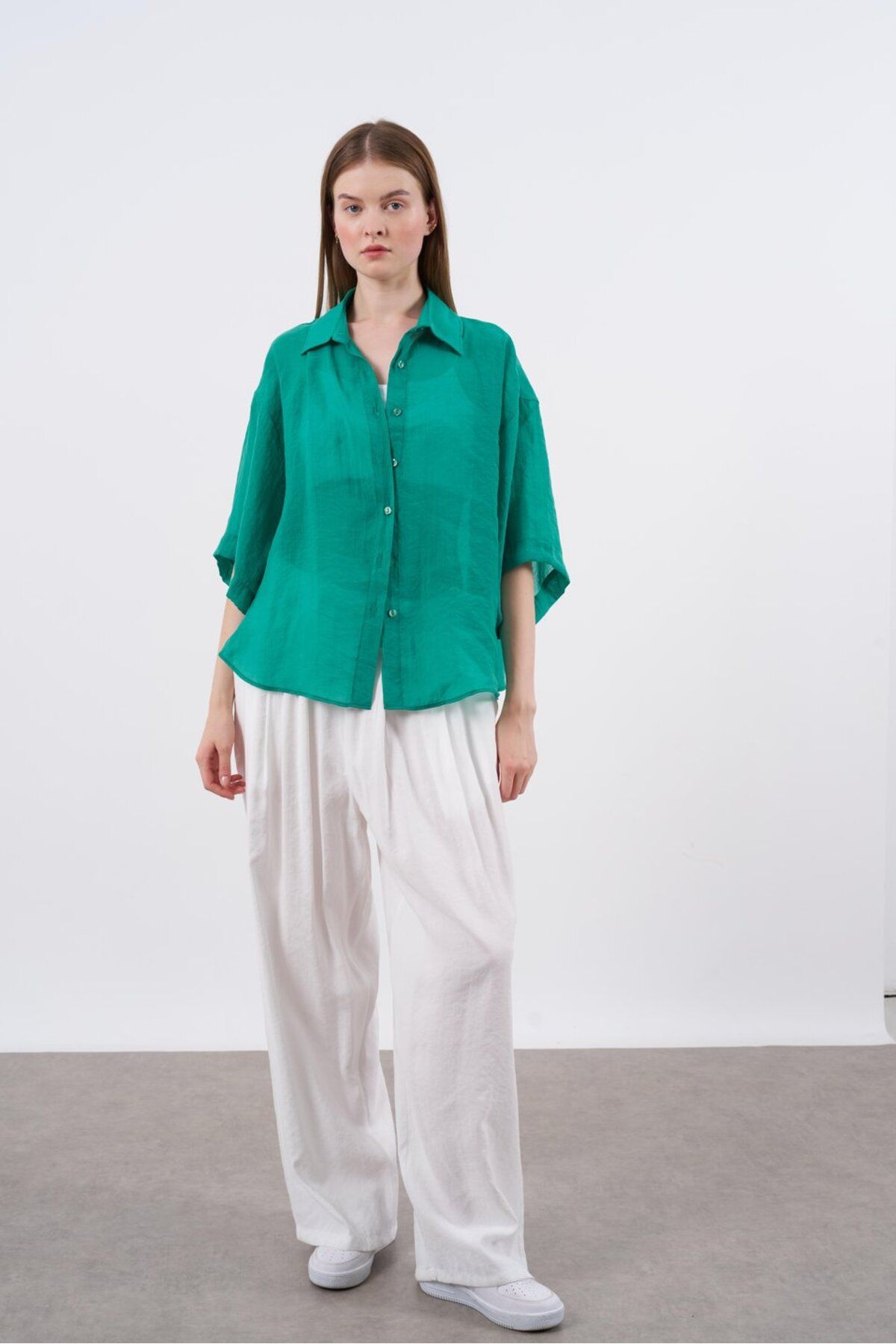 Eliss butik Oversize Yeşil Ipeksi Per-y Gömlek