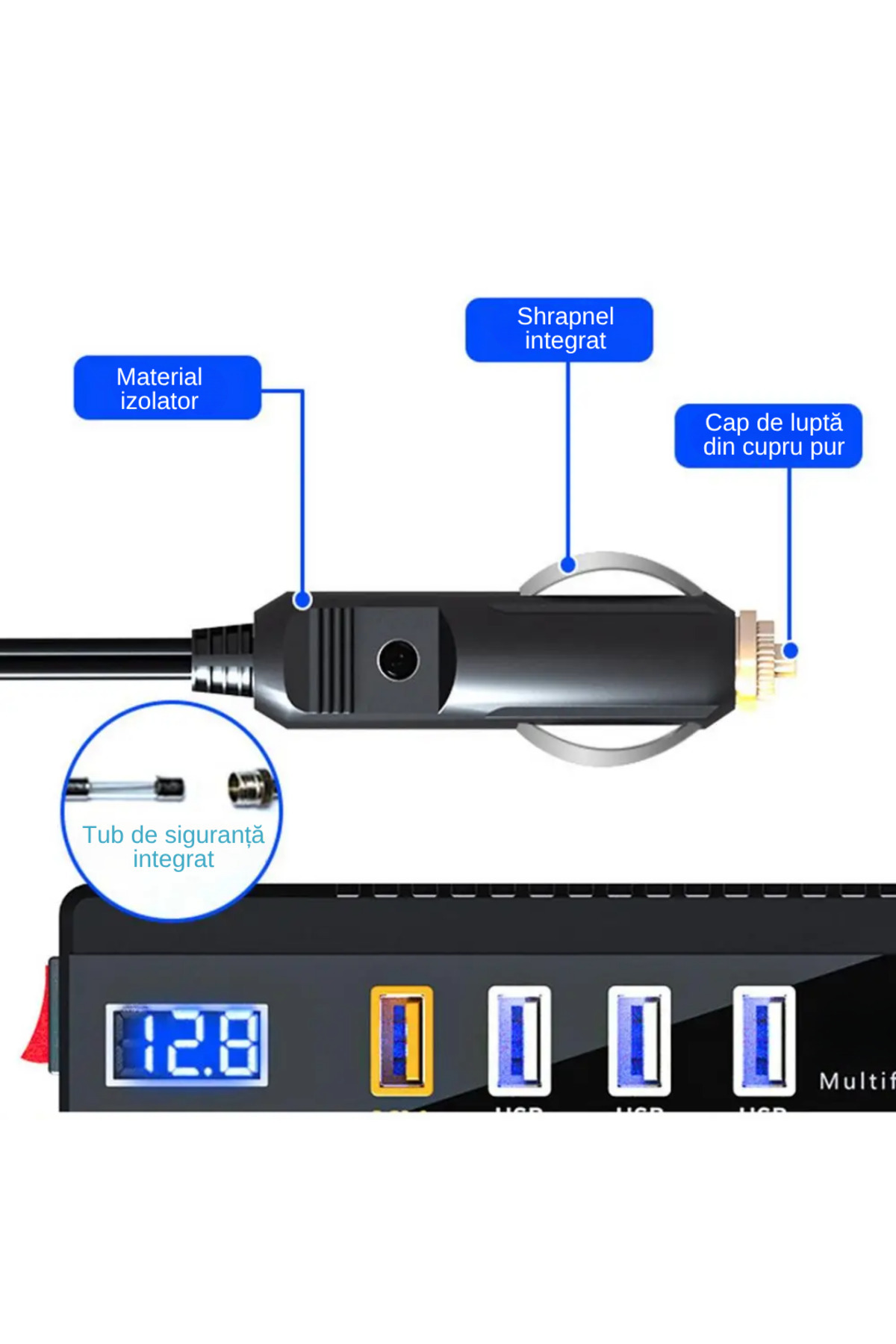 LUDORA-Car inverter, charger, 220V, 12V/24V, 200W, PD fast charging, 3 UBS-C, 1 Type-C, 1 socket 13