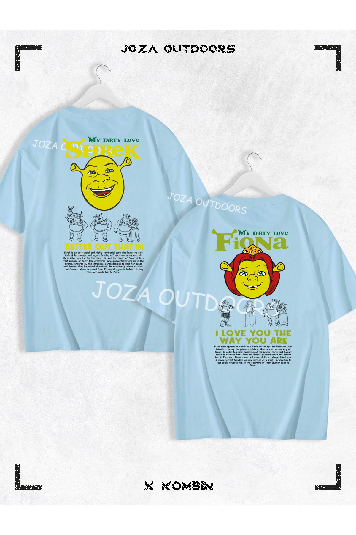 Joza Outdoors Kadın Erkek Shrek Fiona Yazılı SIRT Baskılı Sevgili Çift Kombini Oversize Tshirt 2'li Takım