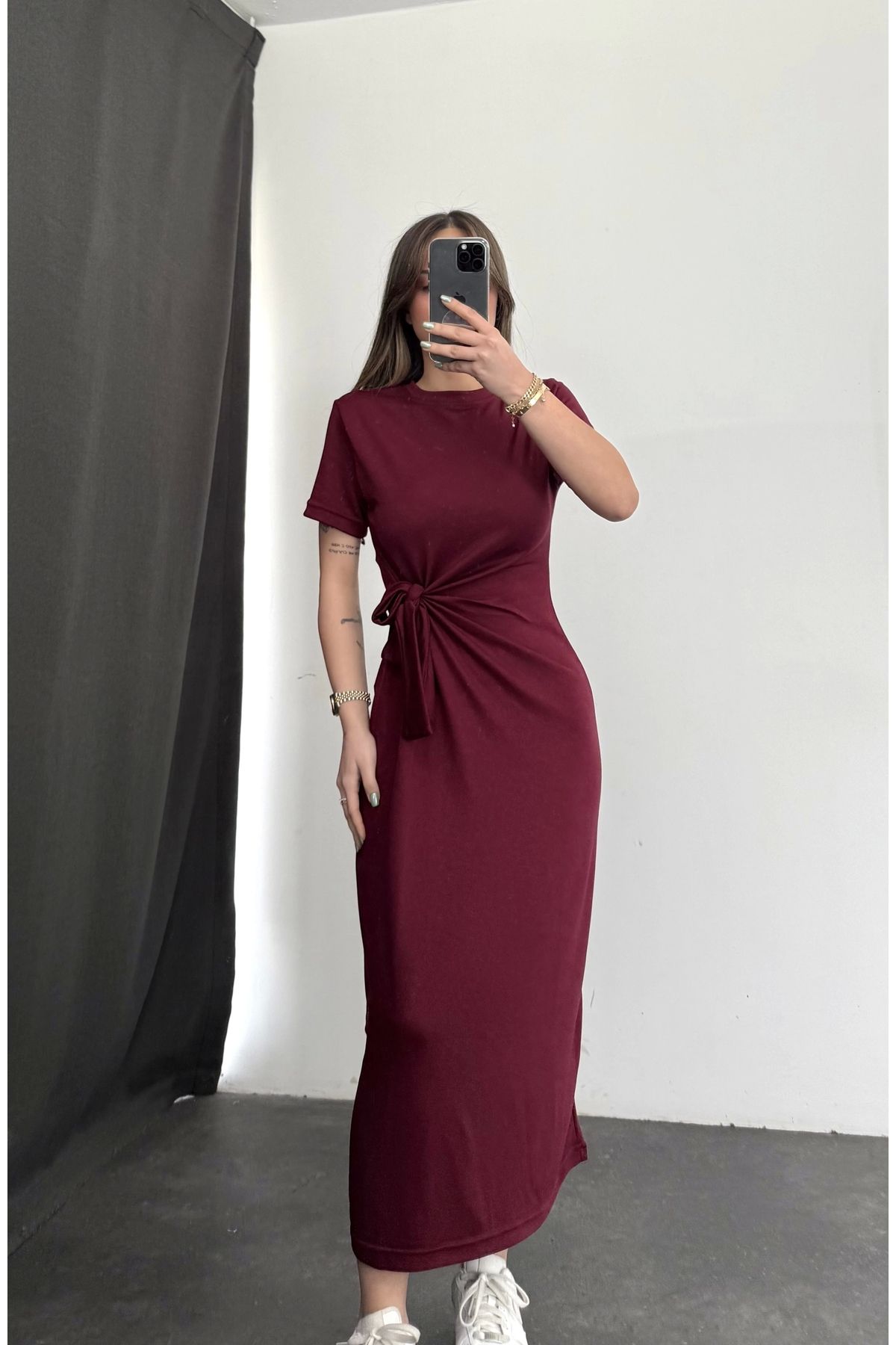 nona butik Bağcık Detay Elbise - Bordo