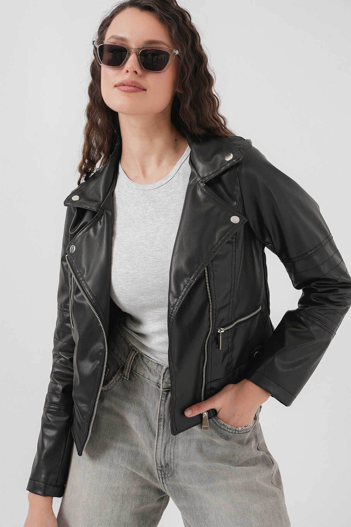 Bigdart Biker Siyah Kadın Deri Ceket 1025