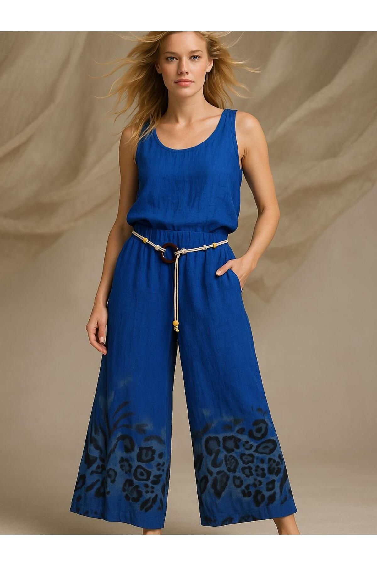 Butik İtalyan Leopar Desenli Keten Pantolon - SAKS MAVİ