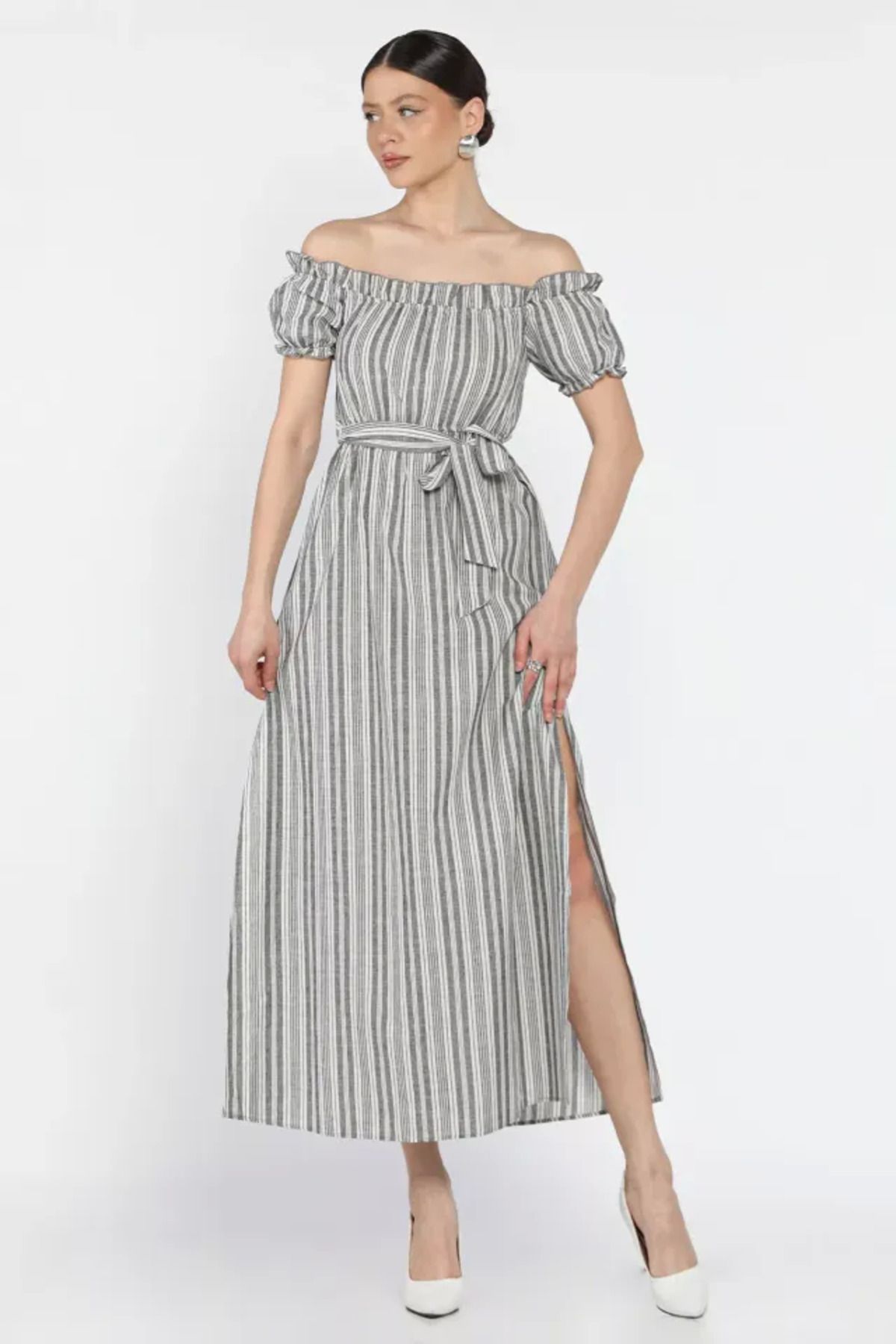 ETİLER COLLECTION Madonna yaka midi yırtmaçlı kuşaklı keten elbise