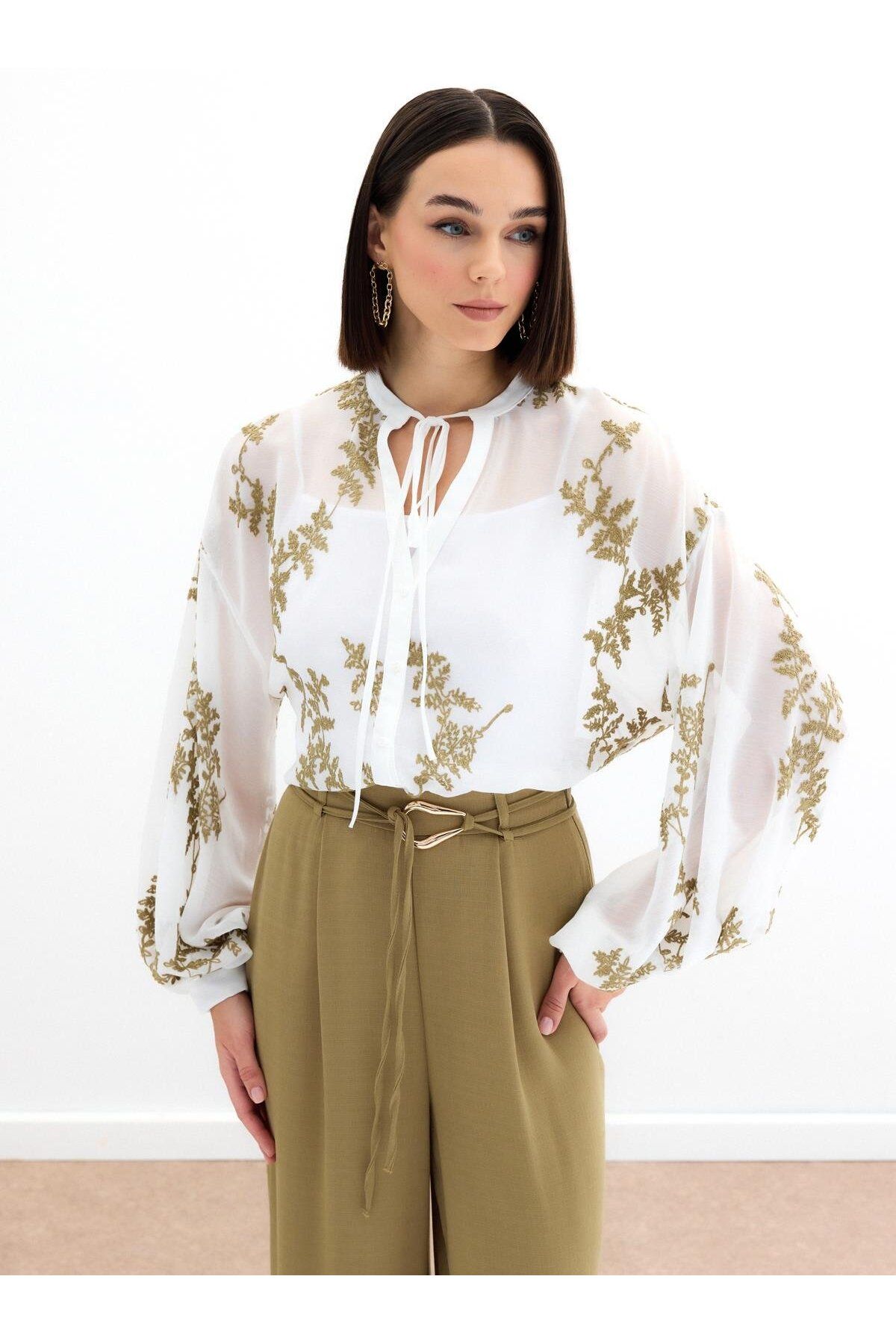 Sateen-Embroidered Chiffon Shirt - Khaki 3
