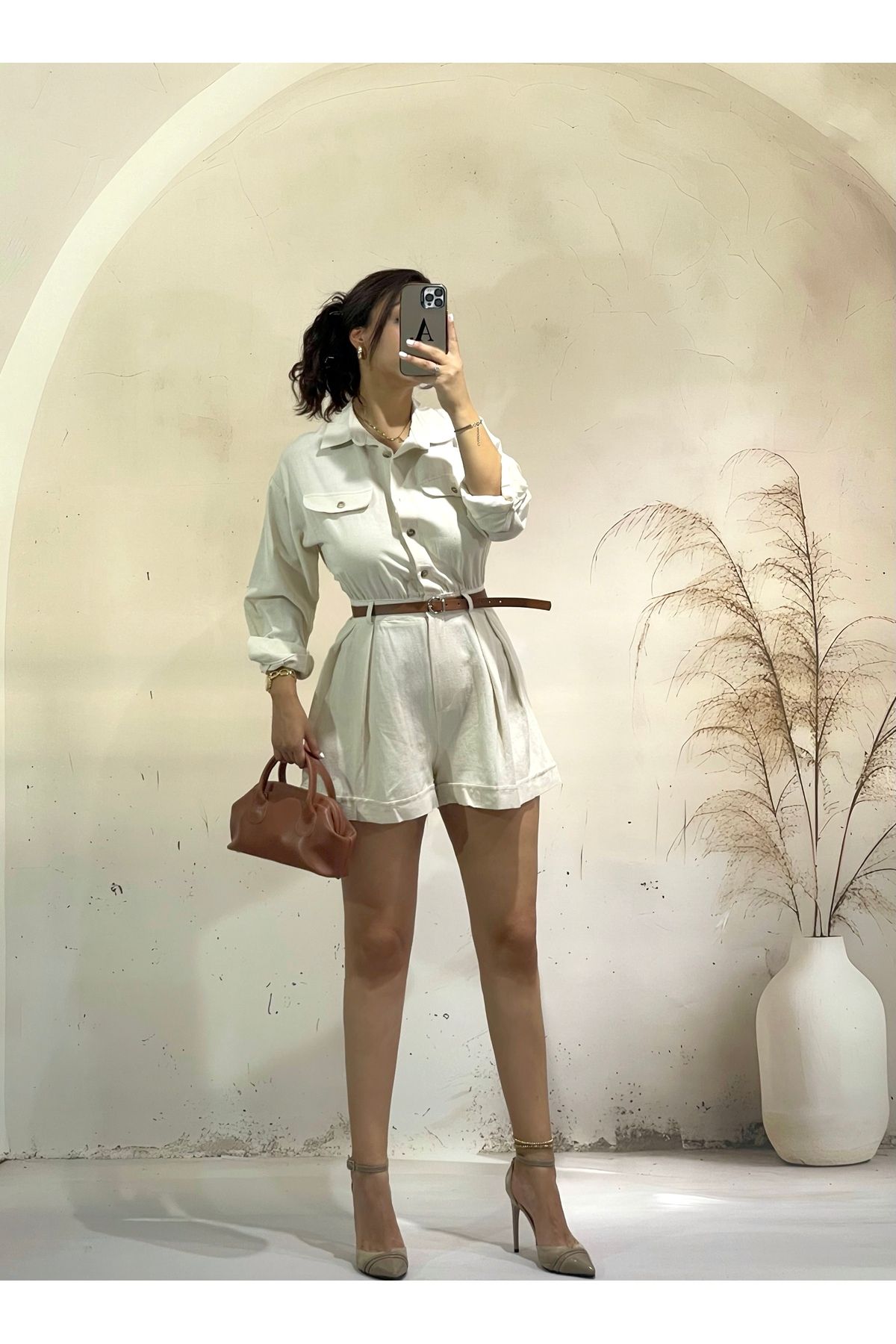 LOI Butik Bej kemerli keten tulum