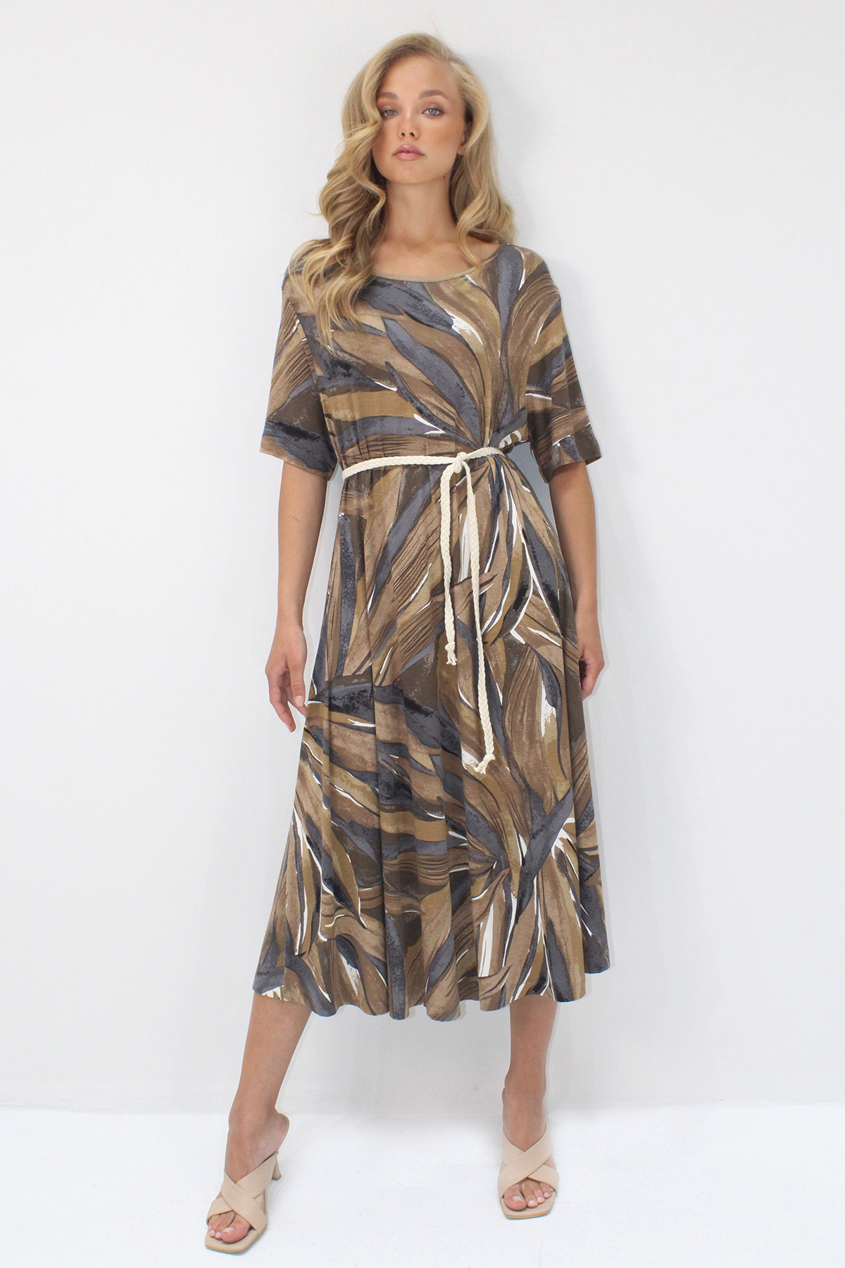 Women's Milk Coffee Boat Neck Patterned Midi Size Comfortable Fit Viscose Dress ALC-X14208