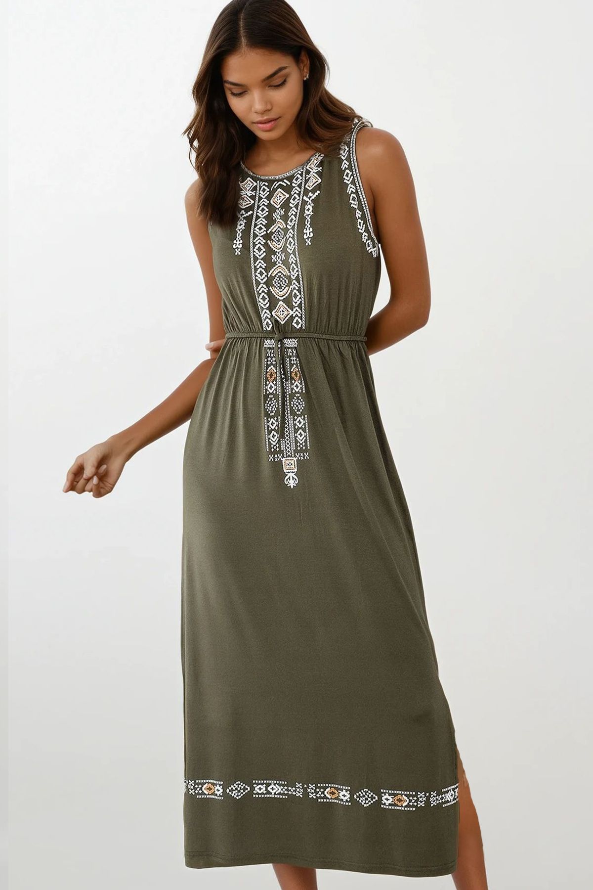 Trend Alaçatı Stili-Damska sukienka w stylu boho w kolorze khaki z haftowanym nadrukiem ALC-6564 1