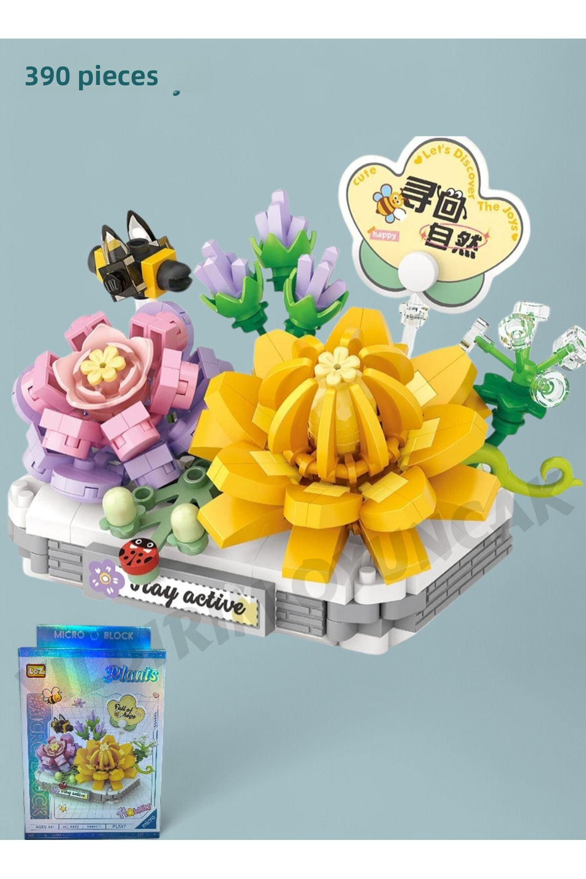 گل‌های میکرو بلاک در گلدان، مجموعه ۳۹۰ تکه بلوک‌های ساختنی – ست گلدان تزئینی گل‌دار مینیاتوری