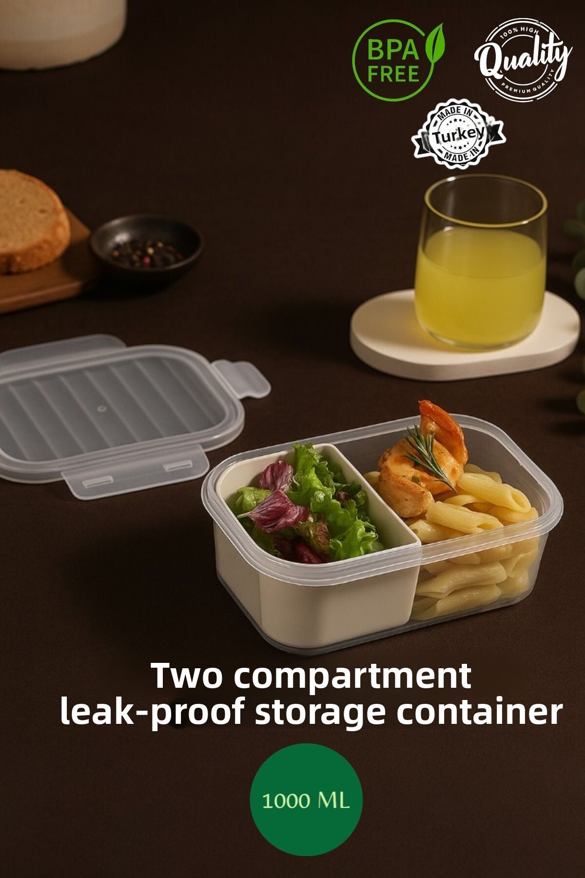 MUF HOME-Two Compartment Transparent Leakproof Lid Storage Container - Breakfast - Nutrition Container -1000 ml 1