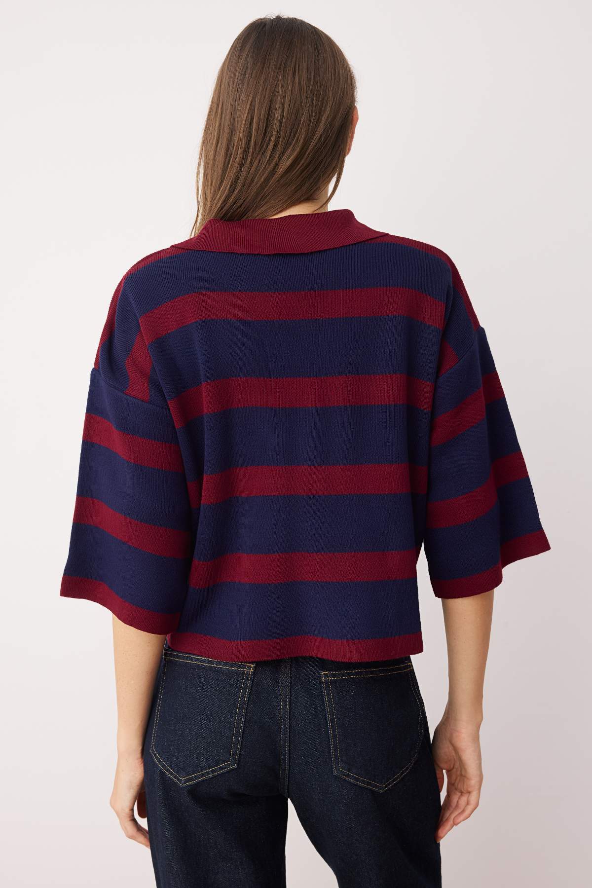 Trendyolmilla  Bordo Polo Yaka Basic Çizgili Triko Kazak TWOAW23BZ00001 - Görsel 4