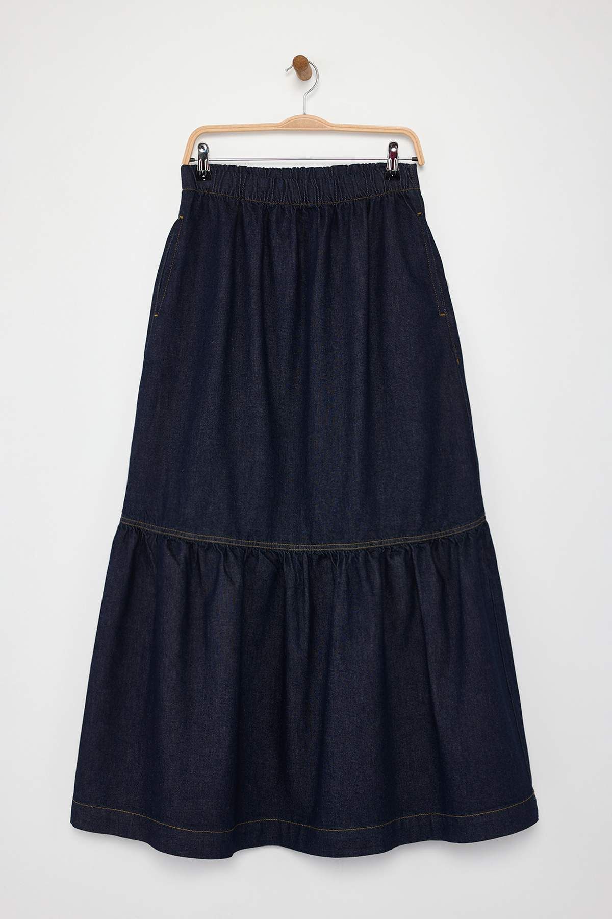 Trendyol Collection Dark Blue Maxi Flounced Elastic Waist Denim Skirt Twoaw26Et00012