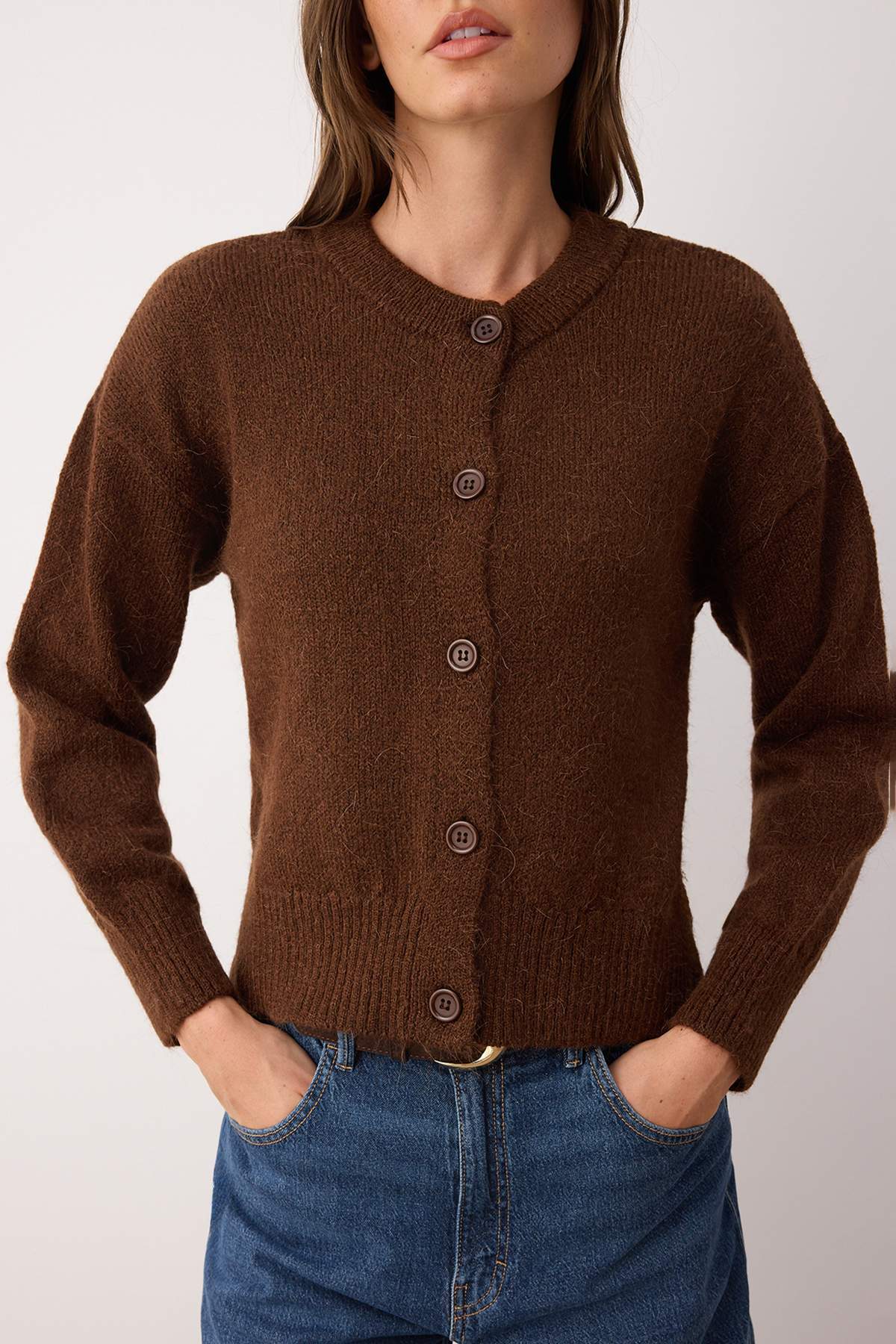 Trendyolmilla  More Sustainable Kahverengi Alpaka Yünü Karışımlı Premium/Özel İplik Triko Hırka | TWOAW26HI00000 - Görsel 4