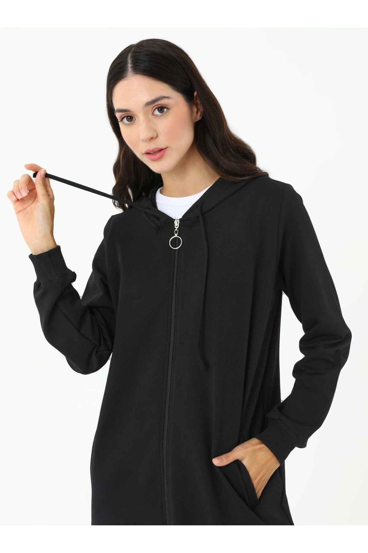 Everyday Basic-Căciulă sport lungă cu glugă cu fermoar - Negru - Refka Basic 3