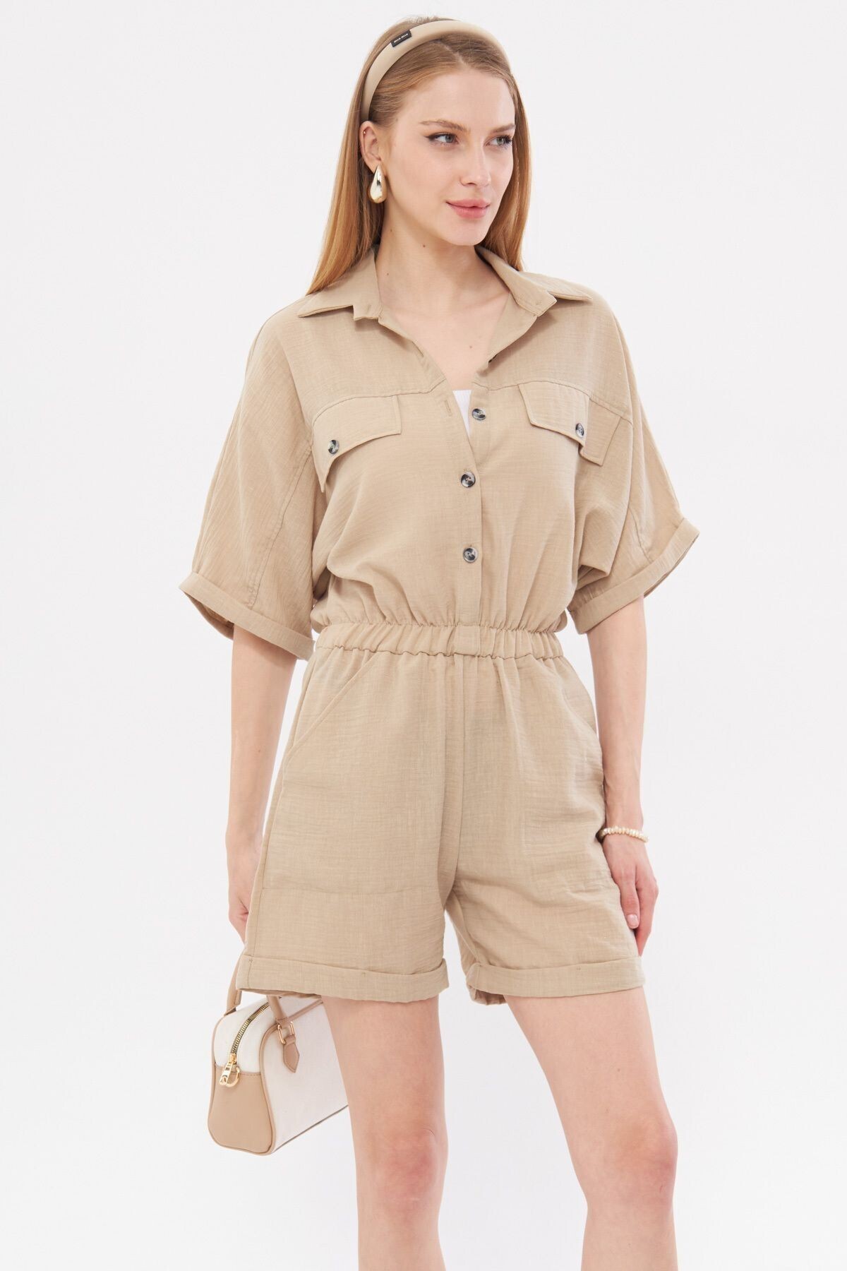 armonika-Beige Women's Jumpsuit - Shorts with Bat Sleeve, Pockets and Elastic Waist ARM-23Y001075 4