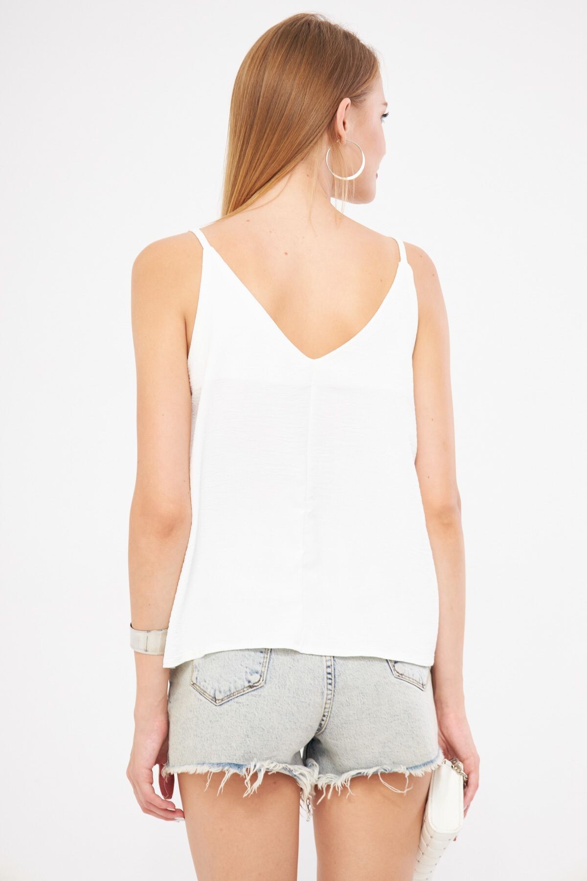 armonika  Kadın Beyaz Keten Görünümlü Askılı Bluz ARM-24Y001064 - Görsel 8