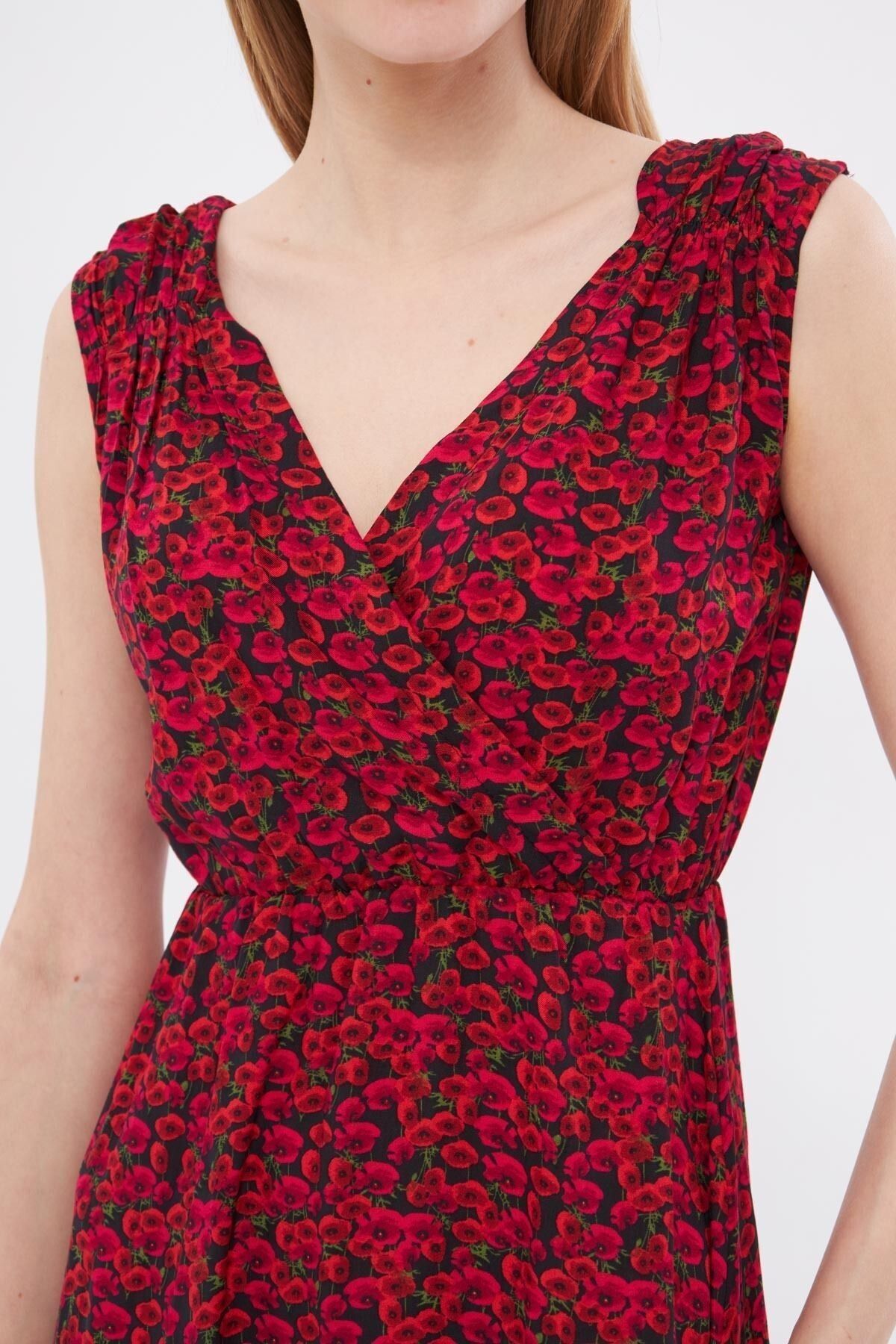 armonika-Rochie midi cu model fuchsia cu guler dublu - elastic pe talie si pe umeri ARM-24Y001052 2