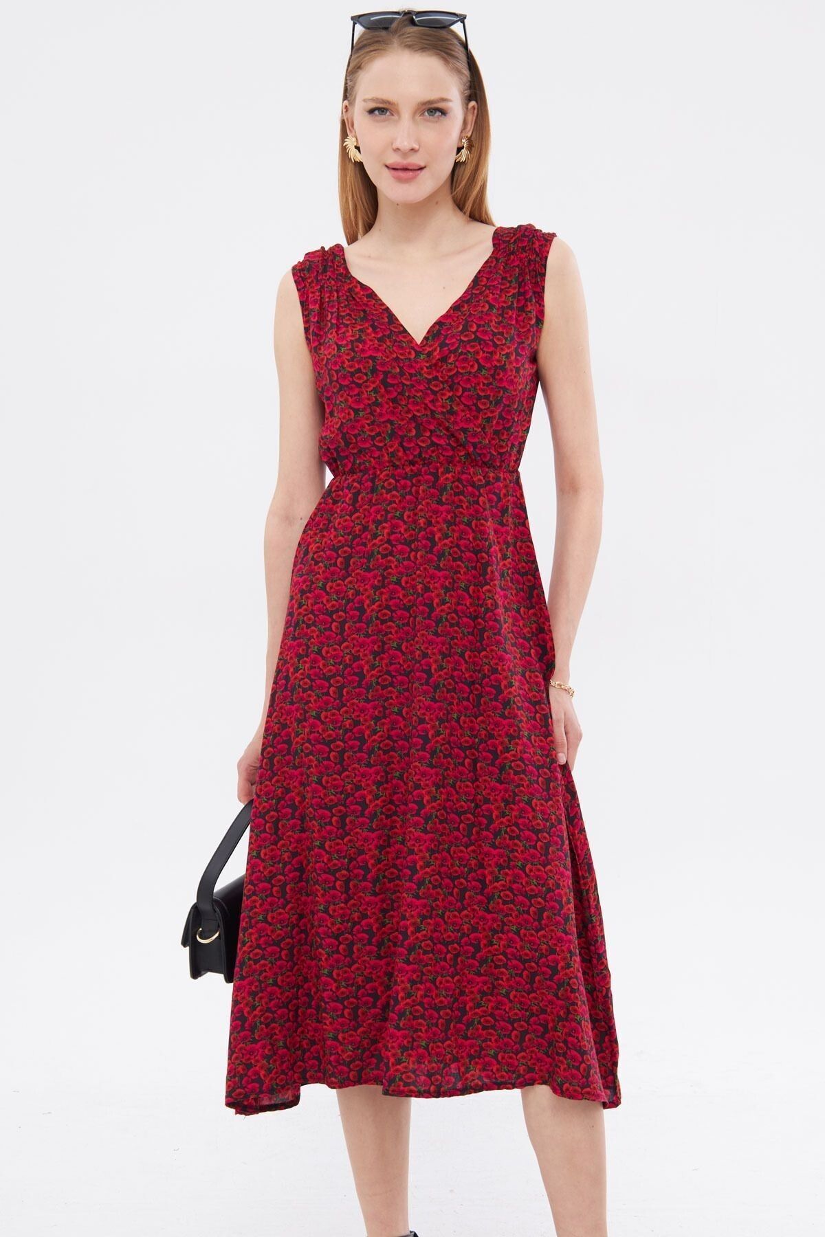 armonika-Rochie midi cu model fuchsia cu guler dublu - elastic pe talie si pe umeri ARM-24Y001052 1
