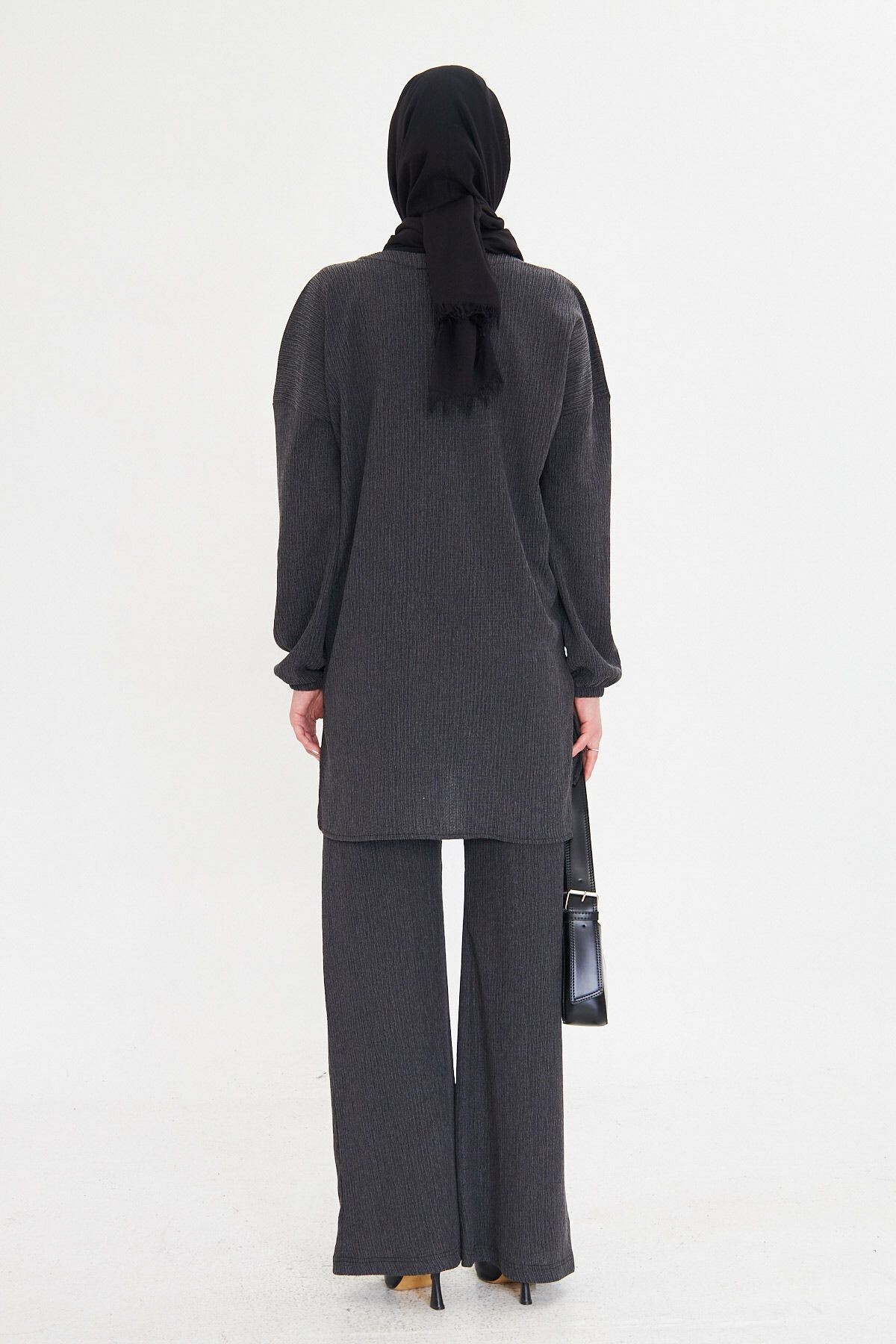 armonika-Smoked Women's Hijab Two-Piece Set - Neck Neck with Elastic Sleeves and Side Slit Pants Arm-25K 001109 5