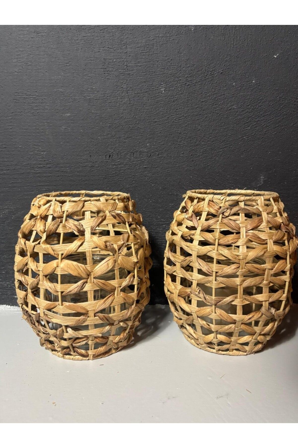 Ekodoğa HASIR MUMLUK VAZO DEKORATİF TOMBUL FENER 2 Lİ SET 19 CM