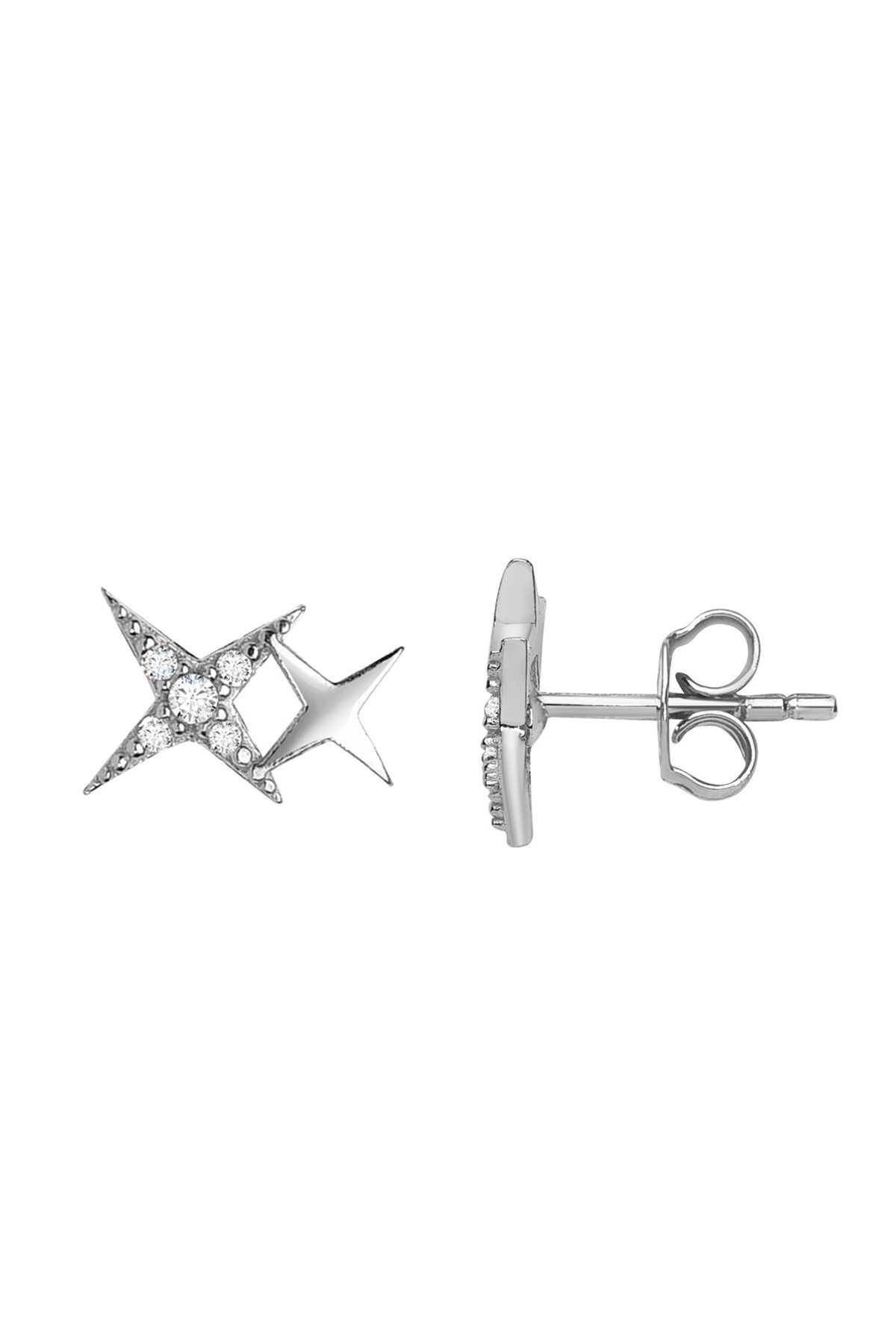 jelux silver Gümüş 925 Ayar Minimal Çift Yıldız Zirkon Taşlı Çivili Küpe