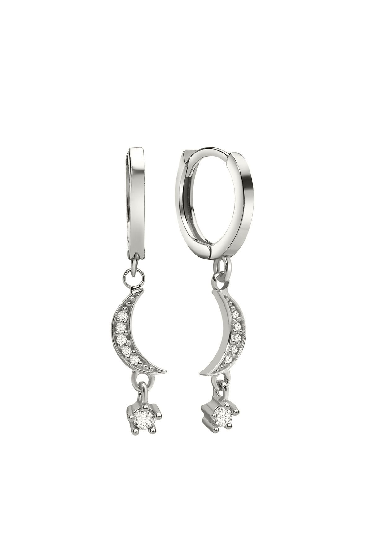 jelux silver Gümüş 925 Ayar Ay Yıldız Zirkon Taşlı Halkalı Küpe