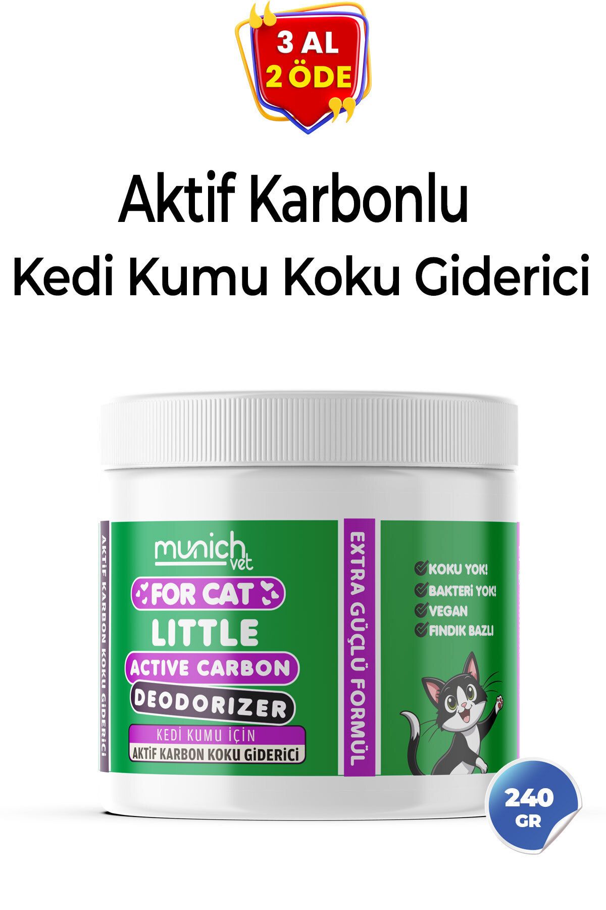 Munich Vet Aktif Karbonlu Kedi Kumu Koku Giderici – Doğal Koku Önleyici – Tüm Kumlarla Uyumlu 240gr