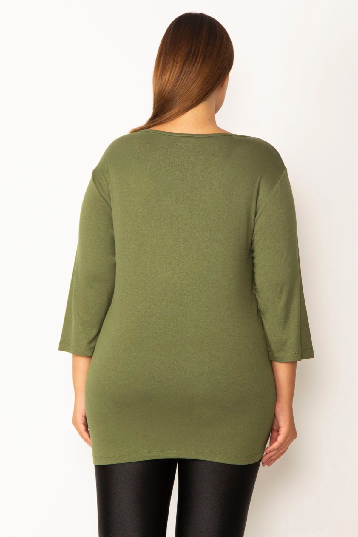 Şans-Women's Large Size Khaki Glitter Detailed Long Sleeve Blouse 65n28148 5