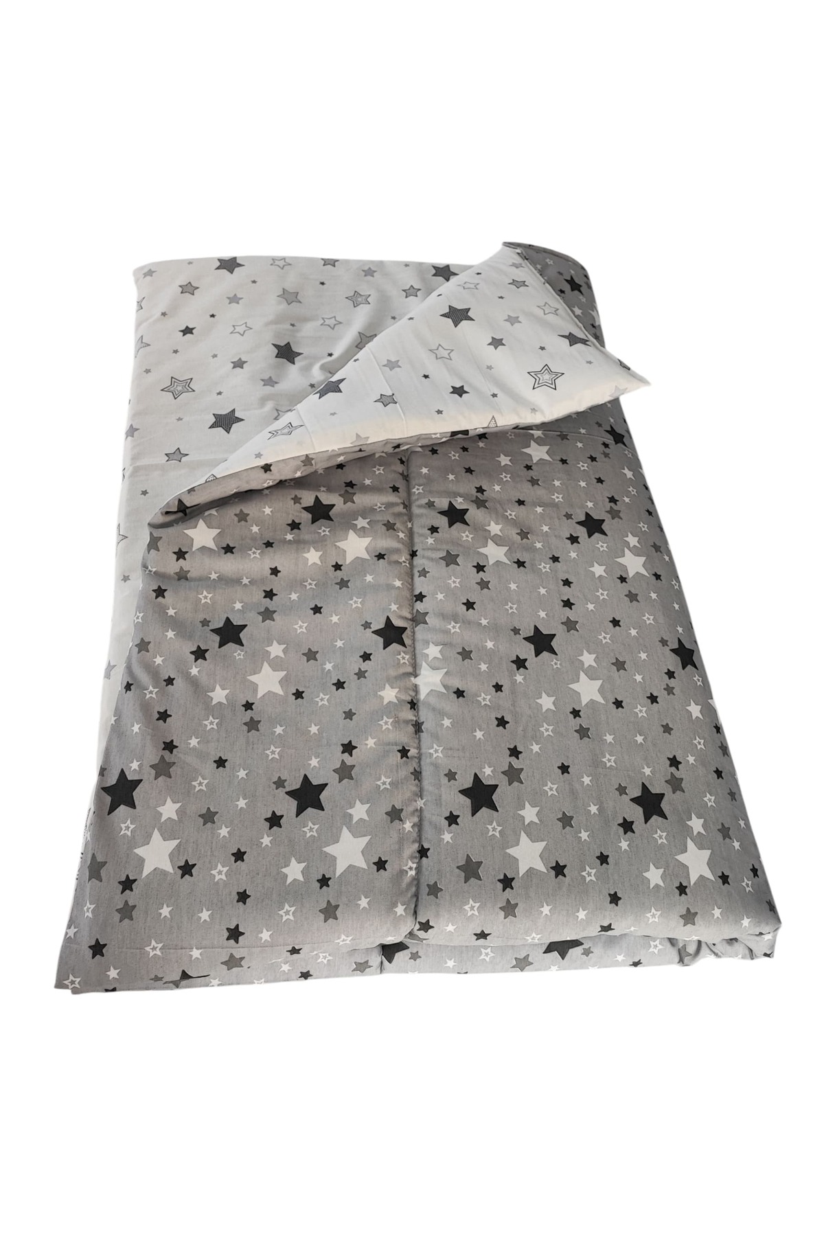 Bebek Özel %100 Pamuklu Bebek Çocuk Yorganı 90x180 cm Ölçülerinde (YENİ GRİ BEYAZ YILDIZLI) fotoğrafı 2 (önizleme)