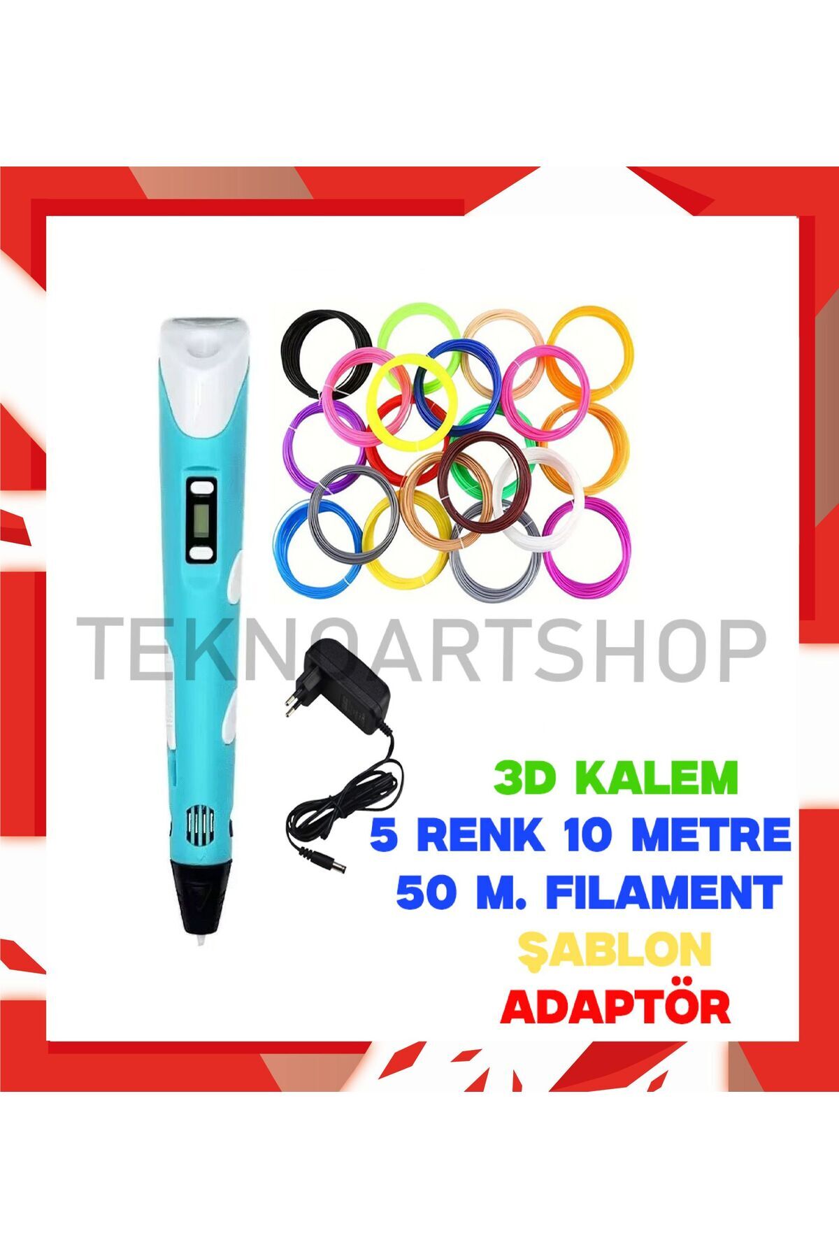 Teknoartshop Adaptörlü 3d Kalem 4 Metre X 10 Renk Filament Şablon