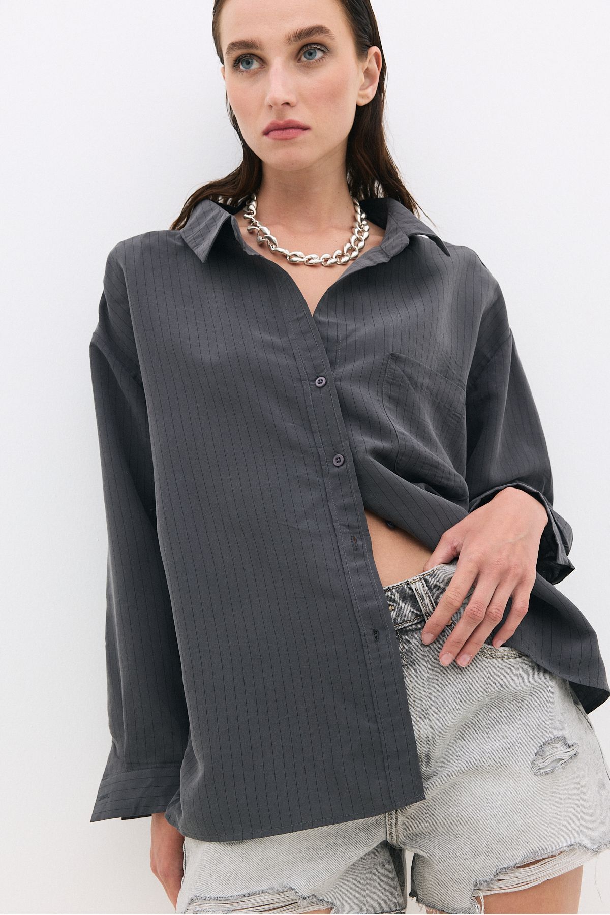 kkare Çizgili Oversize Gömlek