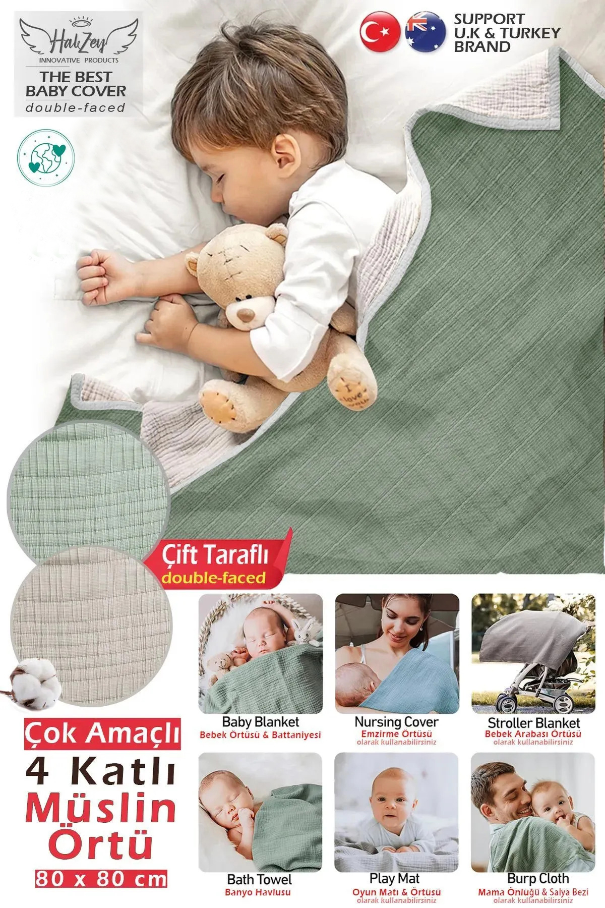 HALZEY 80x80 cm 4 Katlı Müslin Örtü, Bebek Battaniyesi, Bebek Bakım Örtüsü, Bebek Pike Örtüsü, Bebek Kundak fotoğrafı 3 (önizleme)