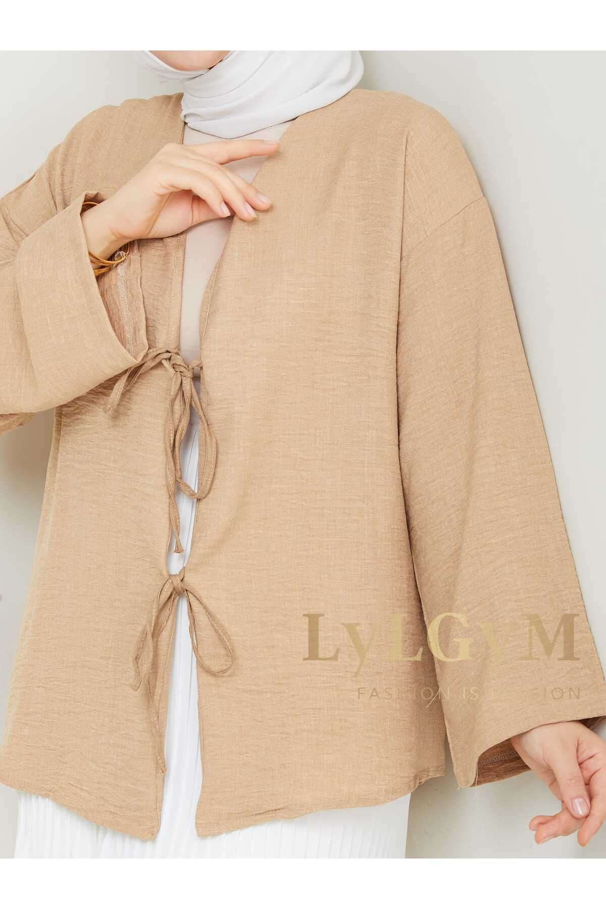 LyLGyM FASSION IS PASSION Kadın Bağlamalı Sofia Keten Kimono Tunik Gömlek 36/42 Beden Uyumlu