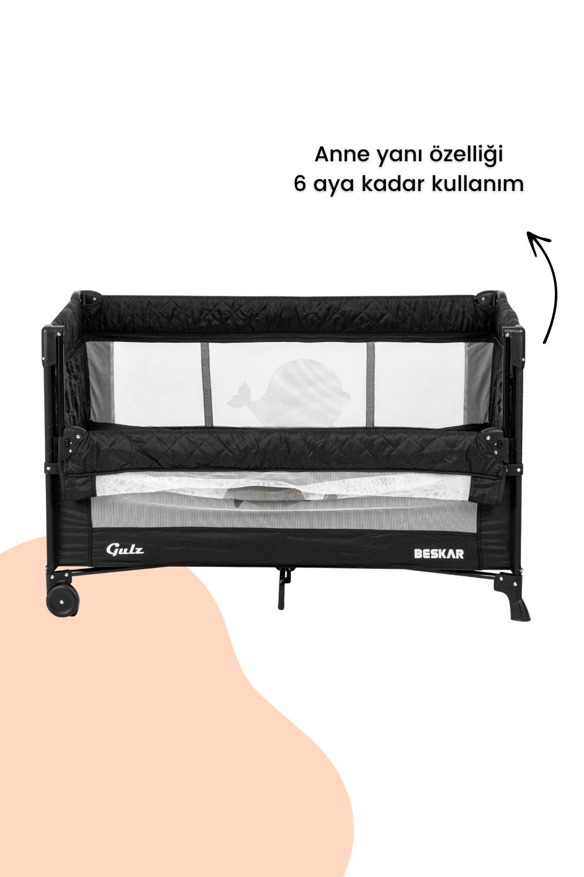 Gulz Beskar Anne Yanı Sallanır Dönenceli Alt Açmalı Oyun Parkı Bebek Beşik 70X120 cm + YATAKLI Siya fotoğrafı 4 (önizleme)
