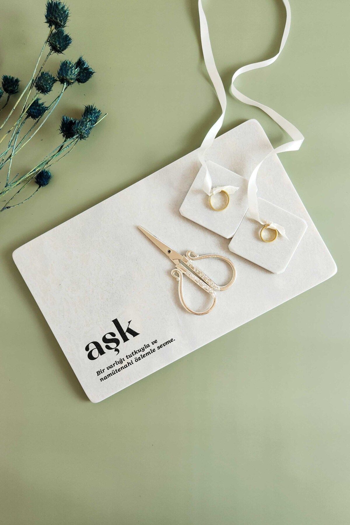 ioadesign AŞK-Gerçek İnce Mermer Söz/nişan Tepsisi (32X20 CM) + Makas + 2 Adet Yüzüklük