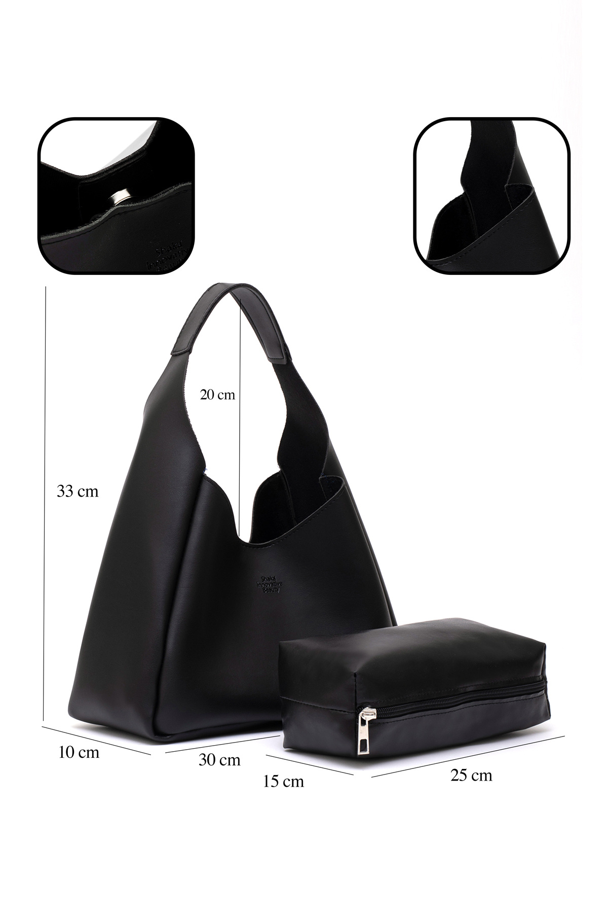 SHAKA Siyah SHK19 Suni Deri, Çıtçıtlı, Tek Bölmeli, Fermuarlı Makyaj Çantalı, El, Kol ve Omuz Çantası