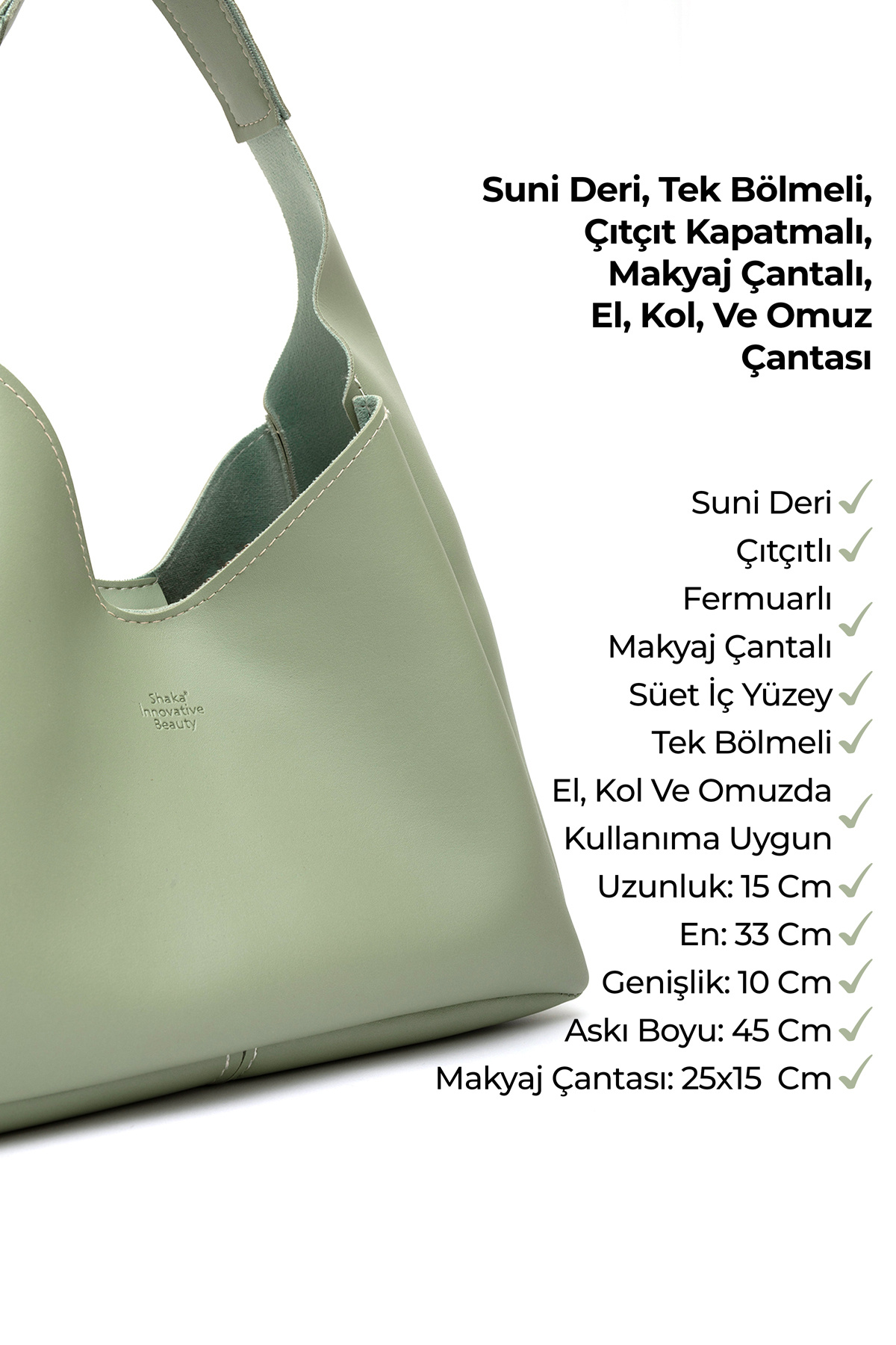 Shaka Mint Yeşil SHK19 Suni Deri, Çıtçıtlı, Tek Bölmeli, Fermuarlı Makyaj Çantalı, El, Kol ve Omuz Çantası fotoğrafı 7 (önizleme)