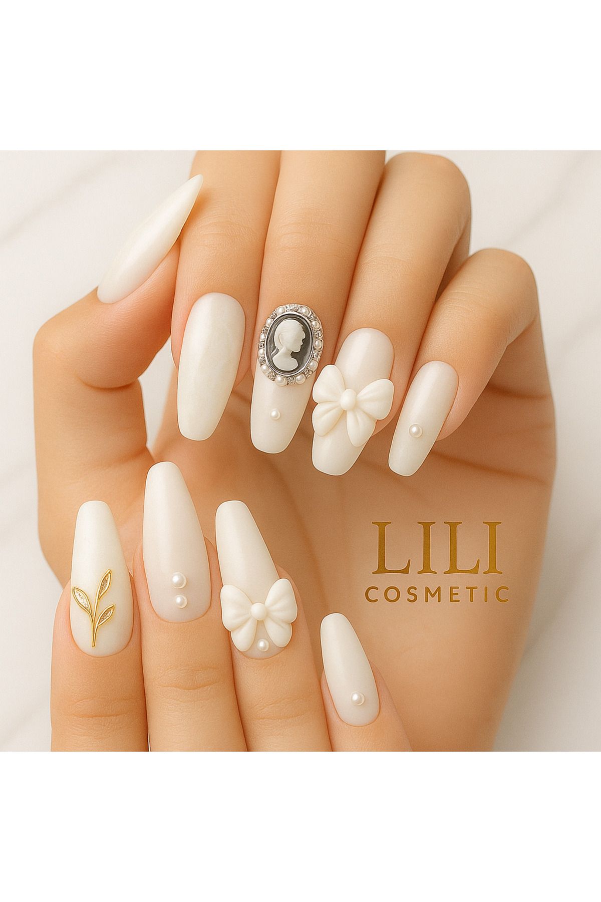 Lili Cosmetic Lüx Taşlı 5D Beyaz Mat Gelinlik ile Uyumlu Takma Tırnak Kendinden Yapışkanlı 12li