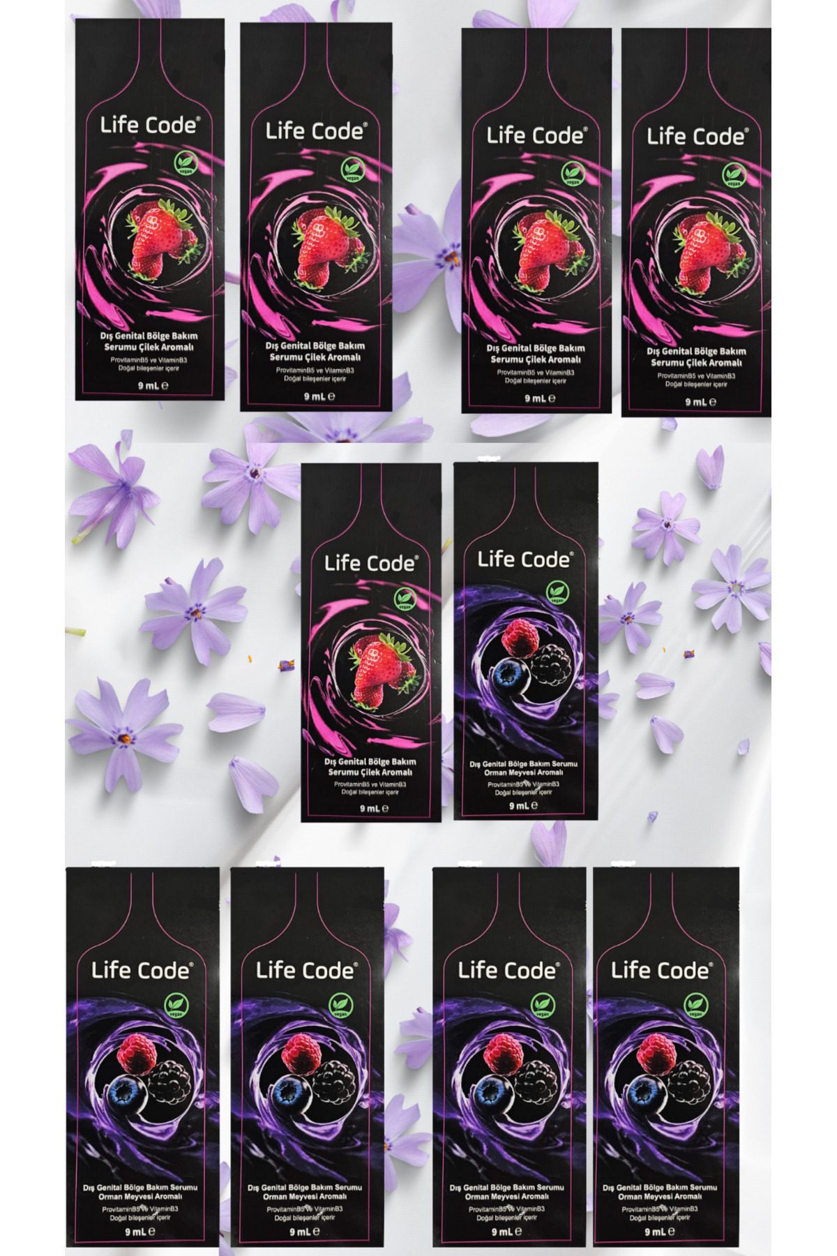 LİFE CODE Kayganlaştırıcı Genital Jel Serum Çilekli 9 Ml. * 5 Adet Orman Meyveli *5 Adet