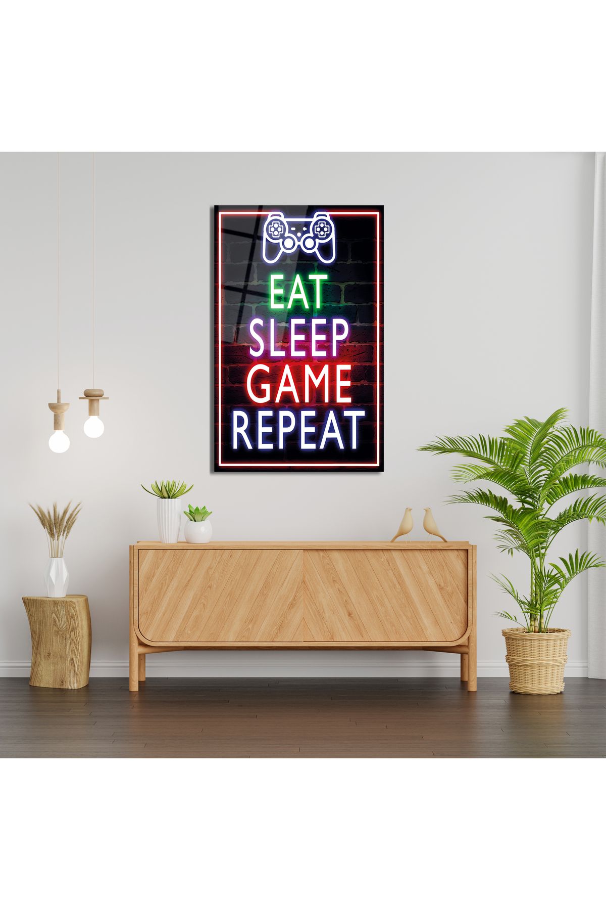 Altat Home Eat Sleep Game Repeat Neon Görünümlü Cam Tablo