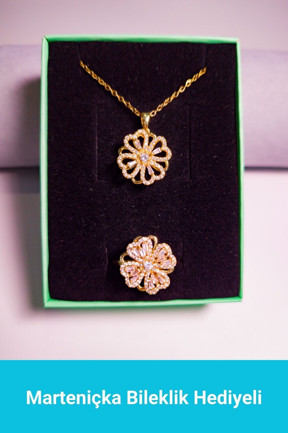 SeyCey.co Dönen Yonca Kolye Zirkon Taşlı Yüzük Set | 316l Çelik - Kararmaz | Hediye Kadın