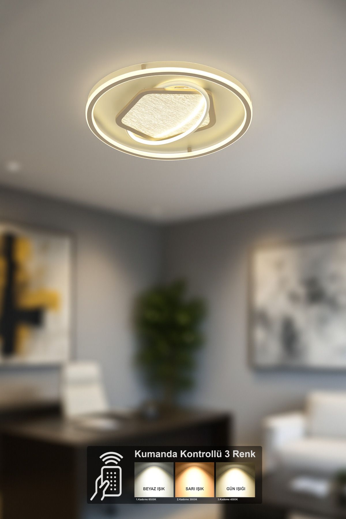 Avizemoda Pirlo 45 cm Kare 3 Renk Ledli (Sarı-Beyaz-Gün Işığı) Kumandalı Modern Akrilik Plafonyer Armatür