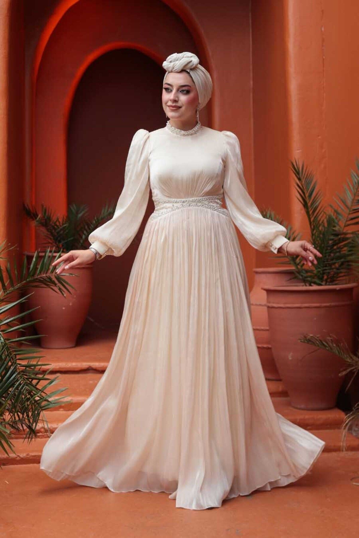 N.S NEVA STYLE Boncuk Detaylı Bej Tesettür Abiye Elbise 52751BEJ