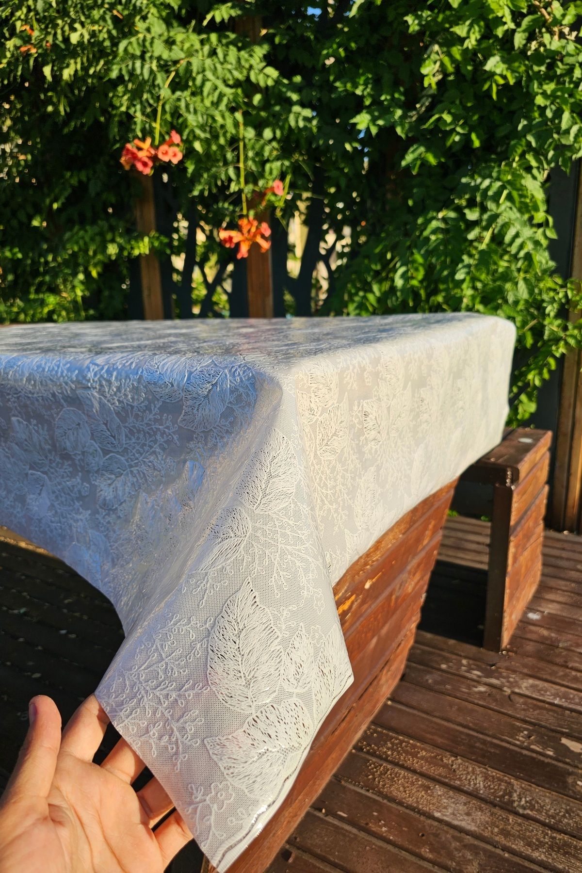 Rona Home Hasır Lüx Pvc Kaplamalı Silinebilir Yaprak Desen Masa Örtüsü Su Geçirmez Lüks Muşamba Sofra Bezi