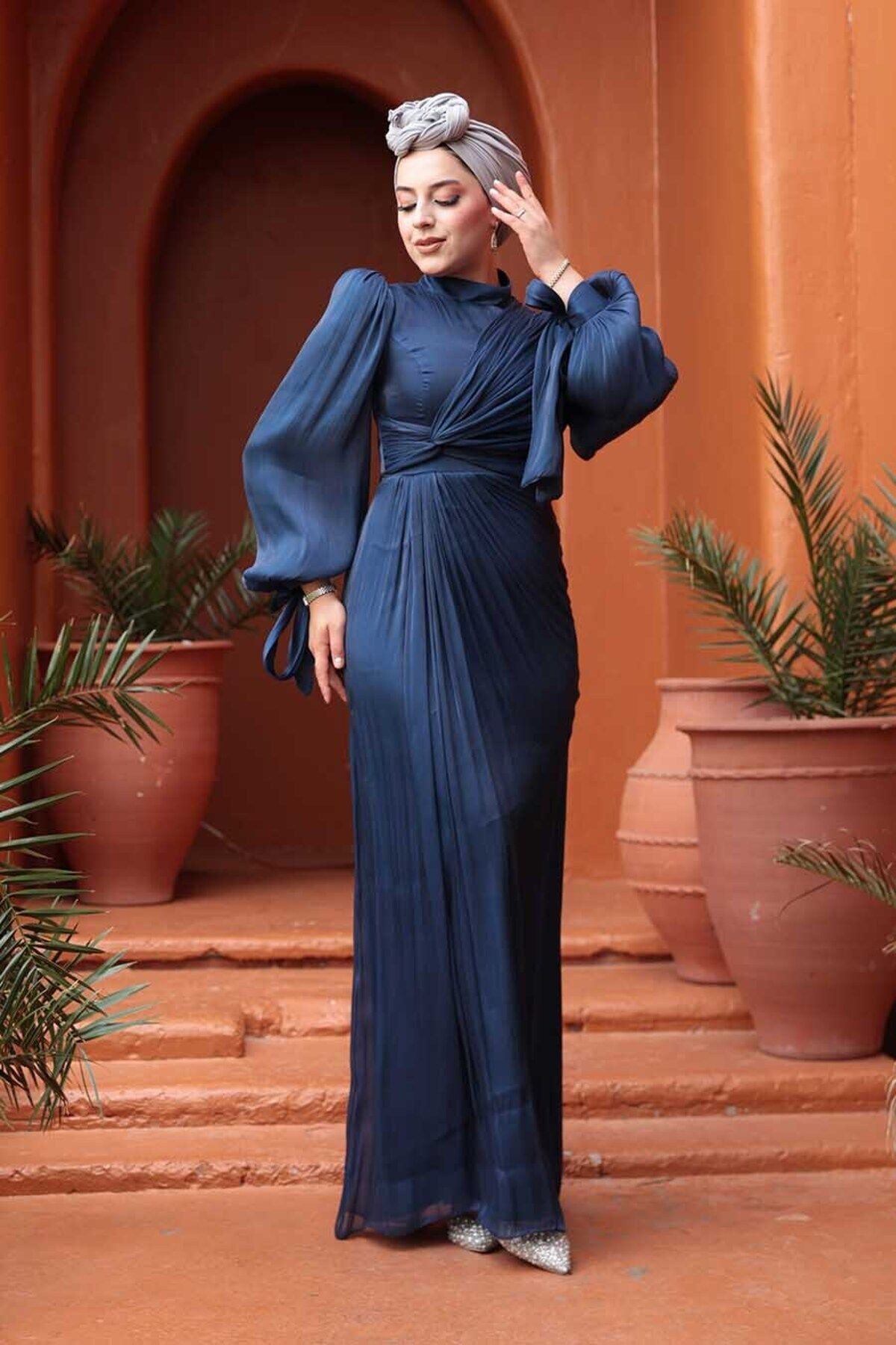 N.S NEVA STYLE-Rochie de seară cu drapeau albastru bleumarin 52285L 3