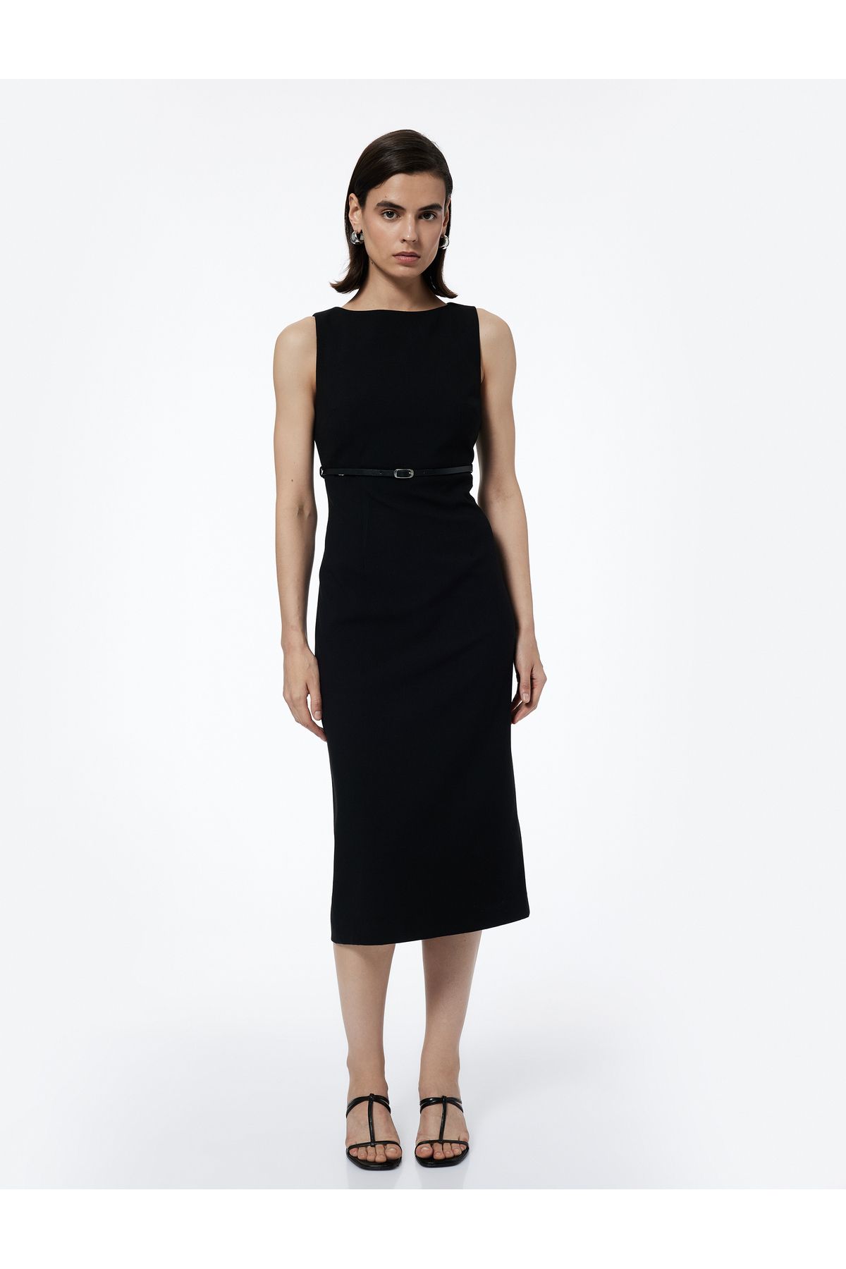 Slim Fit Kolsuz Bisiklet Yaka Kemerli Midi Boy Kalem Elbise