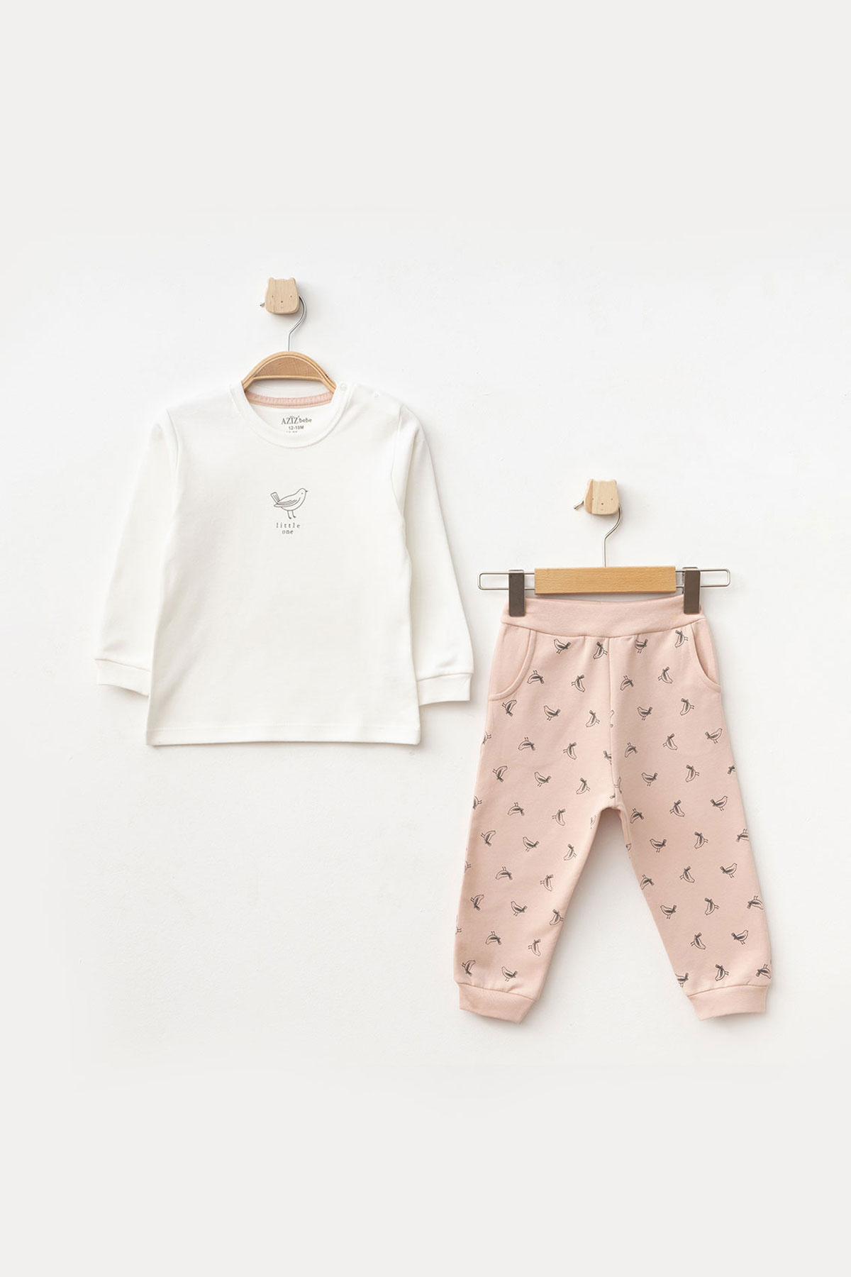 Aziz Bebe Kız Bebek Kuş Desenli Sweatshirt Pantolon T-shirt 3'lü Alt Üst Bebek Takımı 3 Ay-36 Ay fotoğrafı 2 (önizleme)