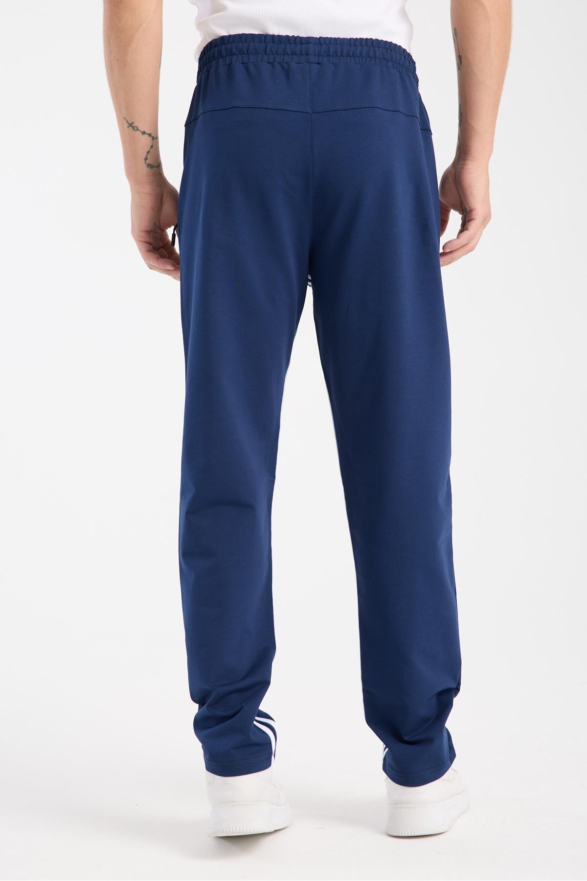 MYSPORT-6005 Indigo Men's Elastic Waist Drawstring Side Pockets Zippered Two Stripe Sweatpants 5