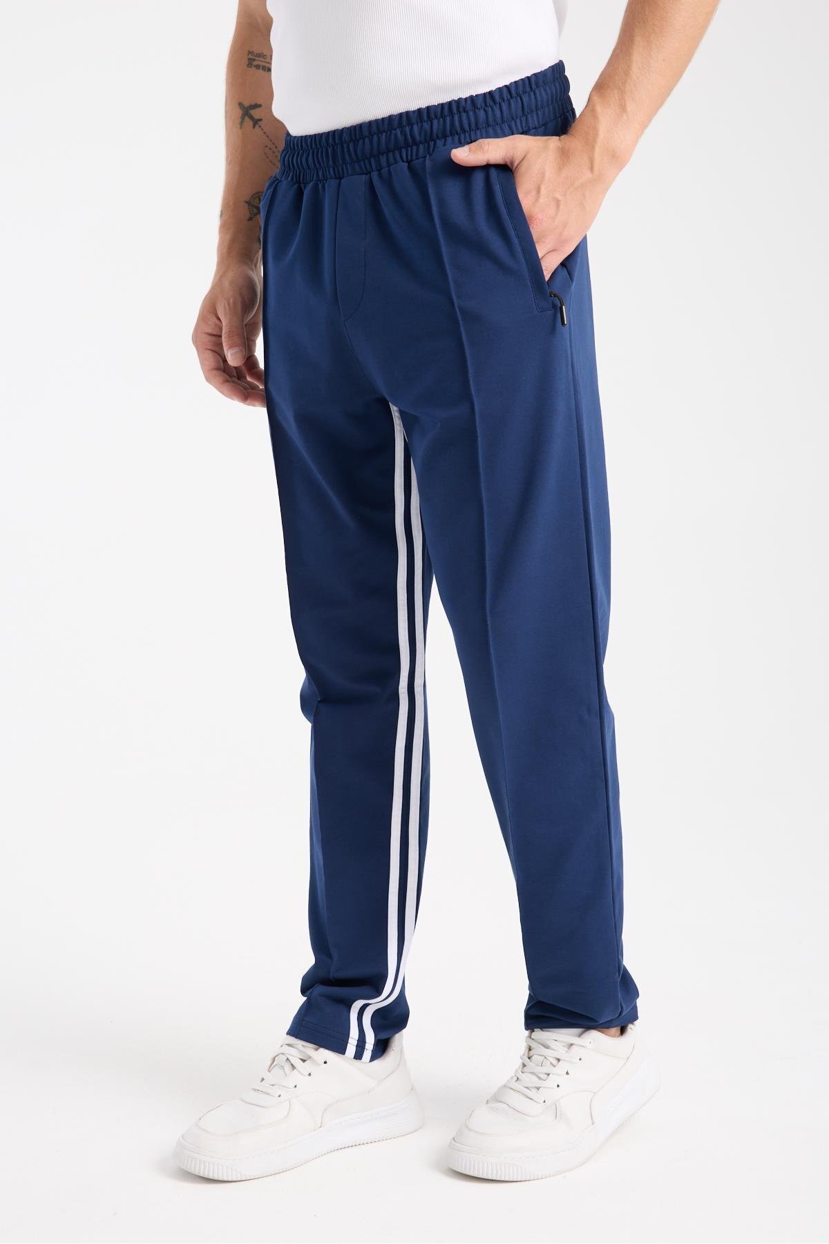 MYSPORT-6005 Indigo Men's Elastic Waist Drawstring Side Pockets Zippered Two Stripe Sweatpants 2